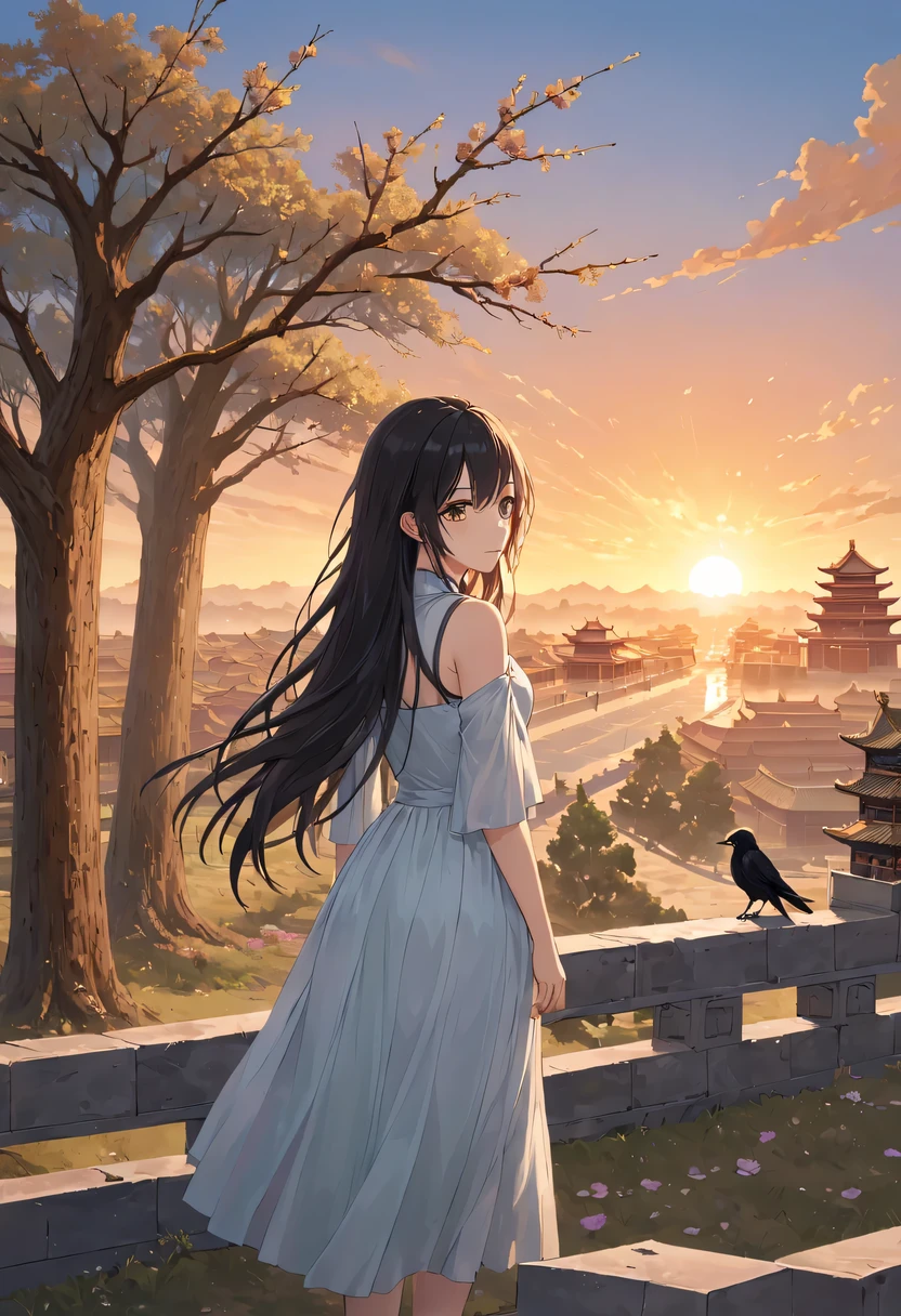 1 girl，模特拍照姿势栖息在ancient city房屋的顶端，Gaze at the distant skyline，那Sunset余晖与古老的the forbidden city映造出一道美丽的风景，west wind blows girl&#39;Long hair on the ancient road，the forbidden city，Sunset，Sunset，cloud，fallen flowers，ancient city，dead tree，Old crow，mottled，grassland，Silent and desolate，