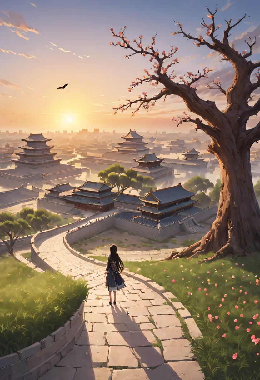 1 girl，模特拍照姿势栖息在ancient city房屋的顶端，Gaze at the distant skyline，那Sunset余晖与古老的the forbidden city映造出一道美丽的风景，west wind blows girl&#39;Long hair on the ancient road，the forbidden city，Sunset，Sunset，cloud，fallen flowers，ancient city，dead tree，Old crow，mottled，grassland，Silent and desolate，