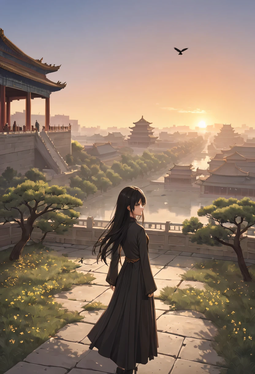 1 girl，模特拍照姿势栖息在ancient city房屋的顶端，Gaze at the distant skyline，那Sunset余晖与古老的the forbidden city映造出一道美丽的风景，west wind blows girl&#39;Long hair on the ancient road，the forbidden city，Sunset，Sunset，cloud，fallen flowers，ancient city，dead tree，Old crow，mottled，grassland，Silent and desolate，