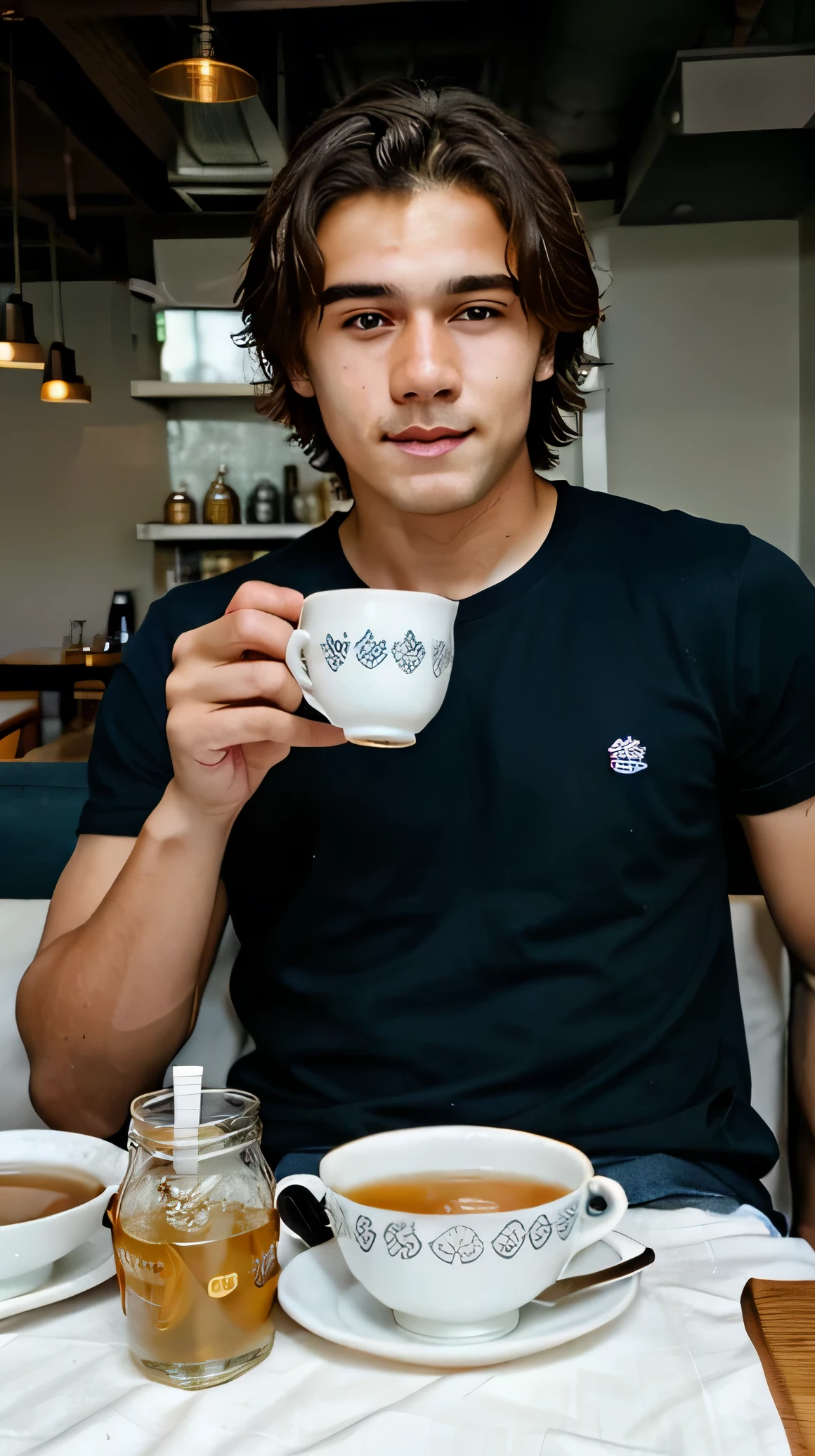 a 20-year-old boy with fair white skin and a masculine body is sitting in an Indian cafe. he is relaxing and an ordered tea is kept on the table. he is wearing a white T-shirt and blue denim jeans. highly detailed, with perfect facial features, iPhone14 pro, bright day, beautiful lighting, RAW photo, 8k, and film grain