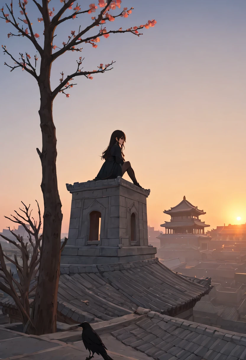 1 girl，模特拍照姿势栖息在ancient city房屋的顶端，Gaze at the distant skyline，那Sunset余晖与古老的the forbidden city映造出一道美丽的风景，west wind blows girl&#39;Long hair on the ancient road，the forbidden city，Sunset，Sunset，cloud，fallen flowers，ancient city，dead tree，Old crow，mottled，grassland，Silent and desolate，