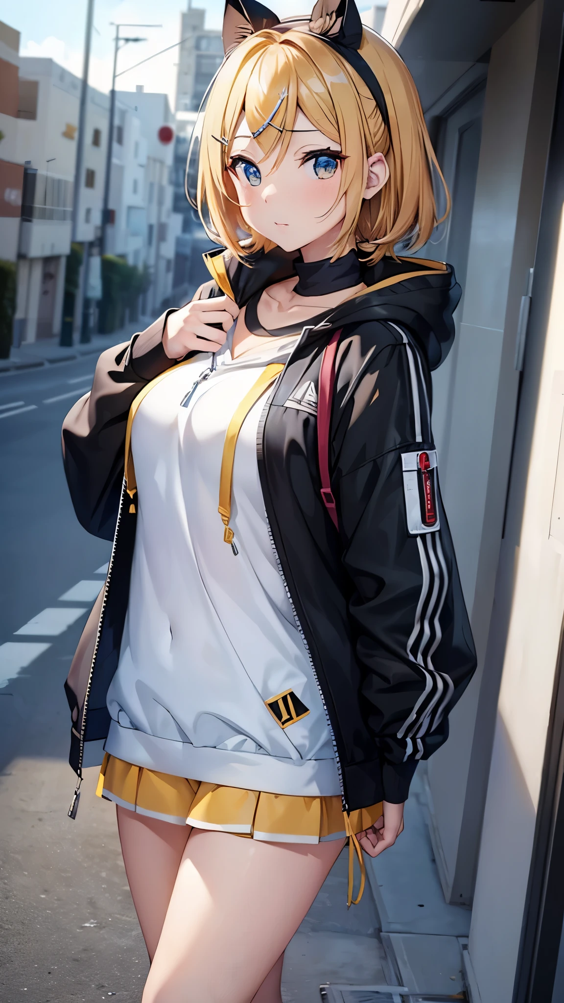 Kagamine rin , 1 girl , wearing a red hooded sweater , white miniskirt with gold horizontal lines , viendo al espectador , bragas visibles , rostro seductor ,(imagen de ultra alta calidad 8k ) obra maestra ( high-definition picture ) , maximum image resolution , ( detalles de la imagen bien definidos )