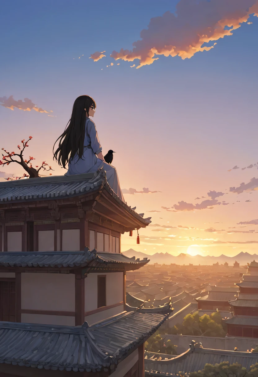 1 girl，Model posing for photo on top of house，Gaze at the distant skyline，那Sunset余晖与古老的the forbidden city映造出一道美丽的风景，west wind blows girl&#39;Long hair on the ancient road，the forbidden city，Sunset，Sunset，cloud，fallen flowers，ancient city，dead tree，Old crow，mottled，grassland，Silent and desolate，