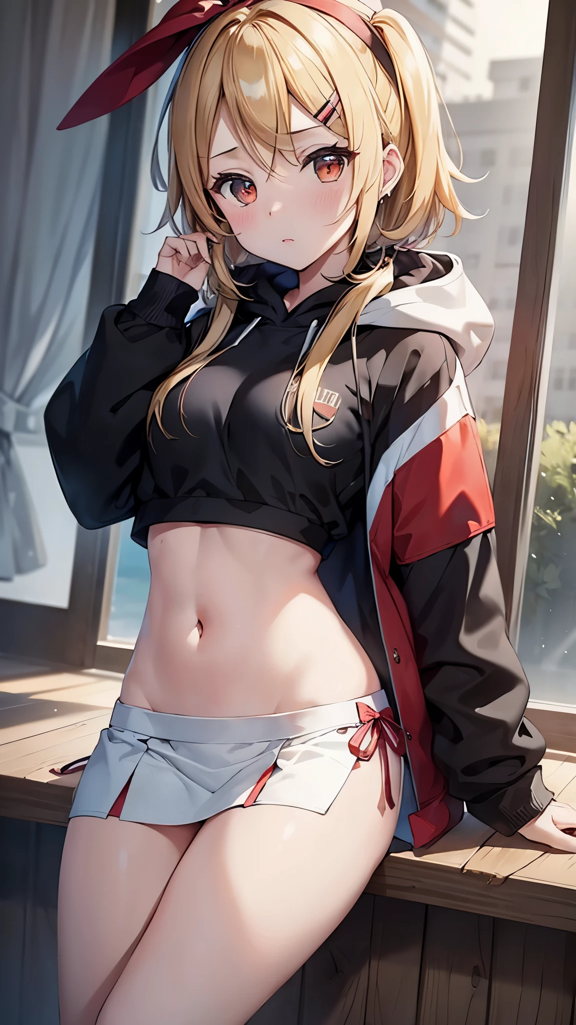 Kagamine rin , 1 girl , wearing a red hooded sweater , white miniskirt with gold horizontal lines , viendo al espectador , bragas visibles , rostro seductor ,(imagen de ultra alta calidad 8k ) obra maestra ( high-definition picture ) , maximum image resolution , ( detalles de la imagen bien definidos )