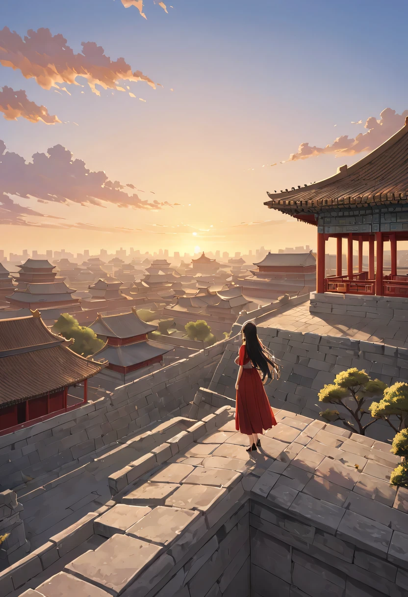 1 girl，模特拍照姿势栖息在ancient city房屋的顶端，Gaze at the distant skyline，那Sunset余晖与古老的the forbidden city映造出一道美丽的风景，west wind blows girl&#39;Long hair on the ancient road，the forbidden city，Sunset，Sunset，cloud，fallen flowers，ancient city，dead tree，Old crow，mottled，grassland，Silent and desolate，