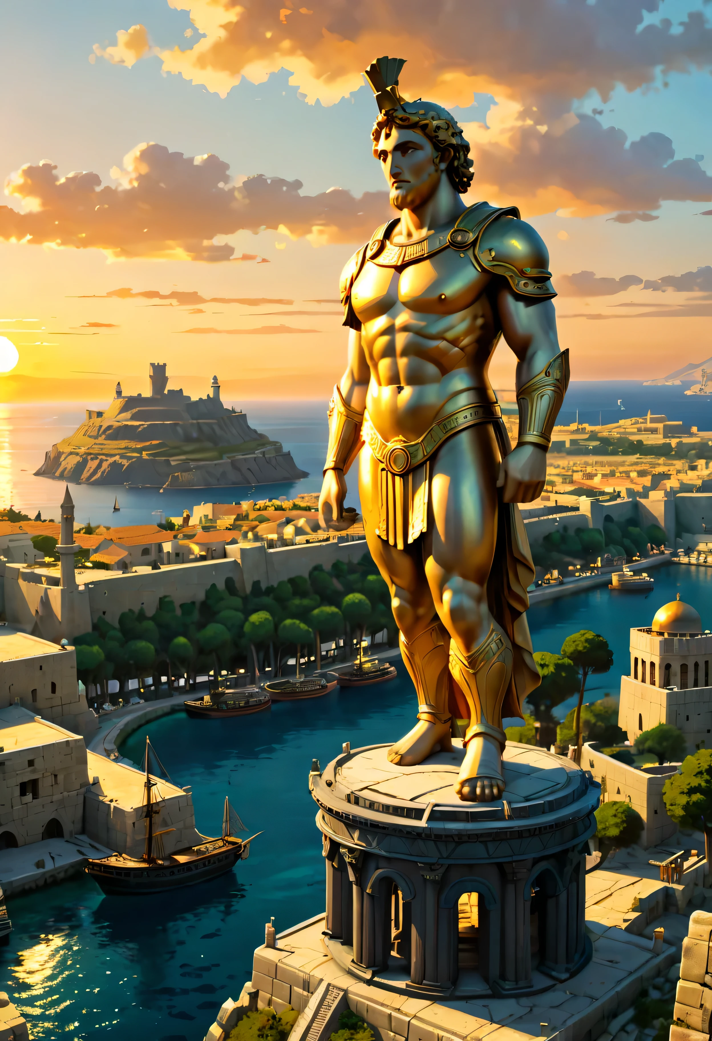 The corner castle terrace overlooks Ancient city of Rhodes with view of the Port, mesmerizing Colossus of Rhodes bathed by Sunset light,((golden hour time):1.2),((Ancient City with Port):1.2),((Colossus giant statue):1.1),delicate golden hour light, amazing wallpapers, beautiful surroundings, optimistic matte painting, Beautiful digital artwork, Ancient city background, Beautiful and detailed scenes, UHD underground, UHD landscape, Masjestic concept art, beautiful Ancient City. |(Masterpiece in maximum 16K resolution), the best quality, (very detailed CG unity 16k wallpaper quality),(Soft colors 16k highly detailed digital art),Super Detailed. | Perfect image,16k UE5,official painting, superfine, Depth of field, no contrast, clean sharp focus, professional, No blurring. | (((More detail))).