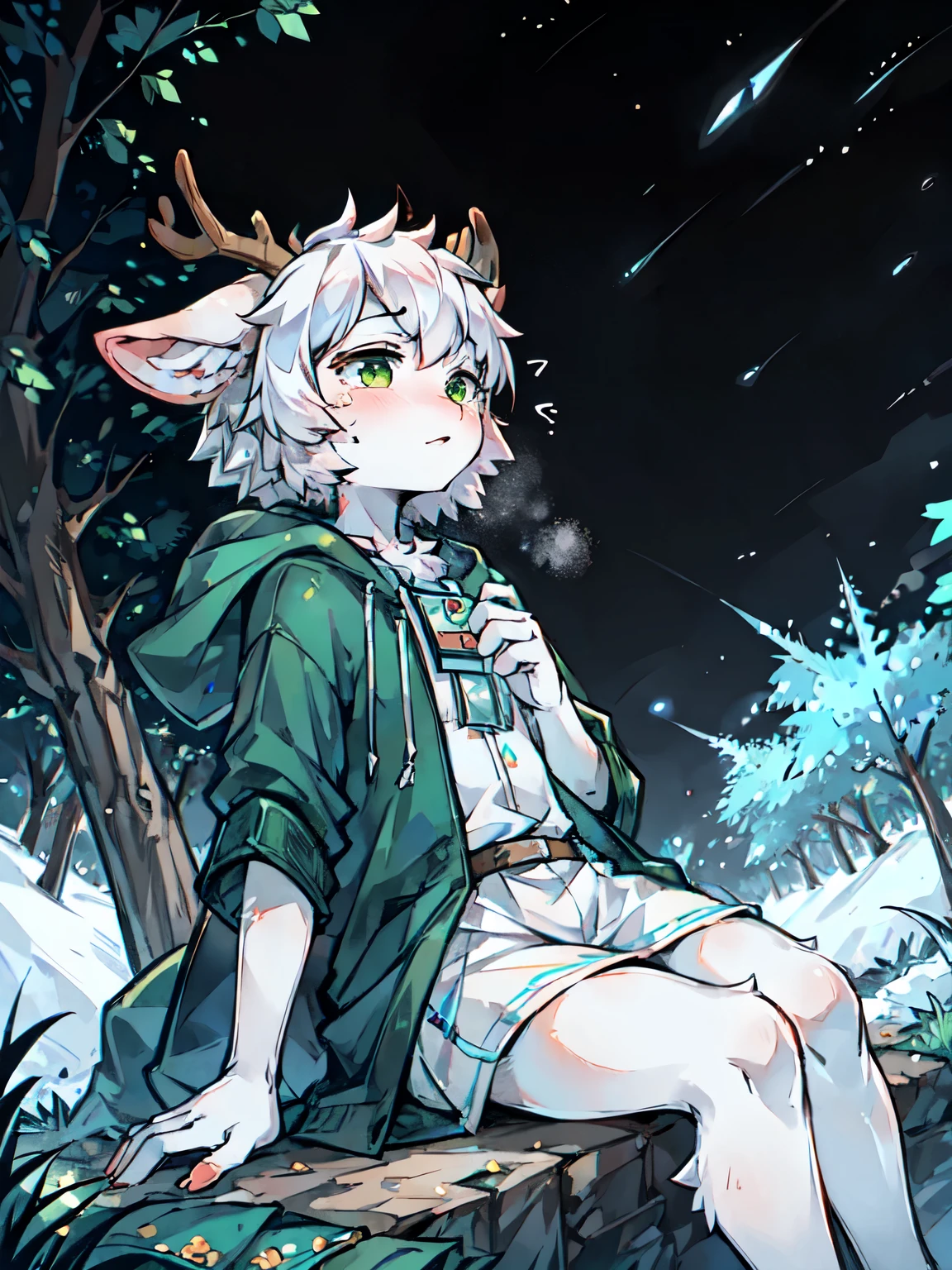 A white deer，Green eyes，Hooded jacket，antlers，sitting on a rock，hands out，starry sky，Brilliant Milky Way，Reach out and pick up the stars，Crystal pupils，Lovely Shota，sad，shed tears，向天空hands out