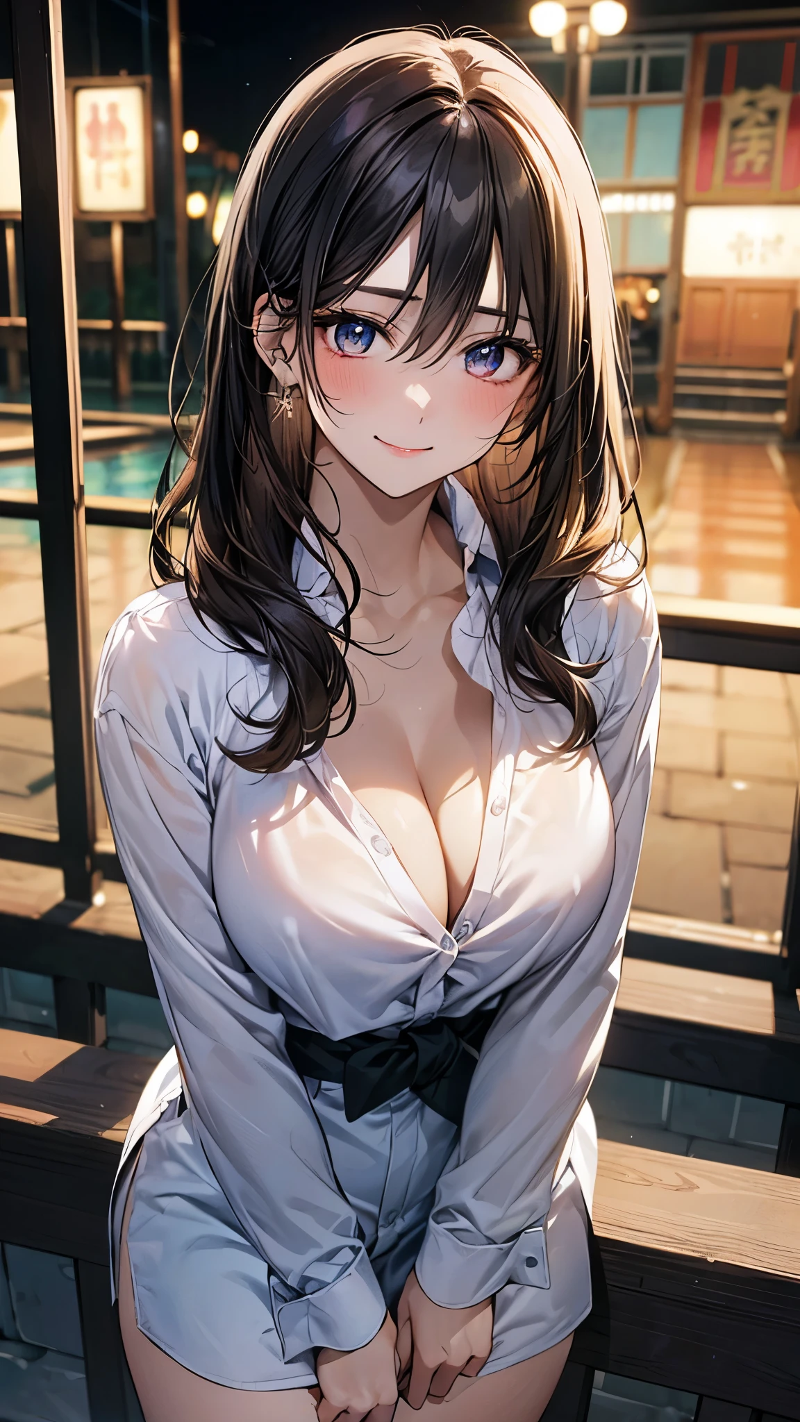 (masterpiece:1.2, top quality), (actual, photoactual:1.4), Beautiful illustration, (natural side lighting, light),
looking at the audience, cowboy shooting, Front view:0.6, 1 girl, Japanese, high school, perfect face, Cute and symmetrical face, shiny skin,
(Zhongfa:1.5, Double tail:1.7, blond), hair between eyes, blue eyes, Eyelash extension tool, (big breasts:0.9, Thick thighs),
beautiful hair, pretty face, Beautiful and delicate eyes, Beautifulcollarbone, beautiful body, beautiful , beautiful thighs, beautiful legs, beautiful fingers,
((black色百褶迷你裙, black, Unbuttoned white shirt)), black发丝带, pink,
(Beautiful scenery), night, riverside, walk, Put your hands on your chest, (excited face, very happy),