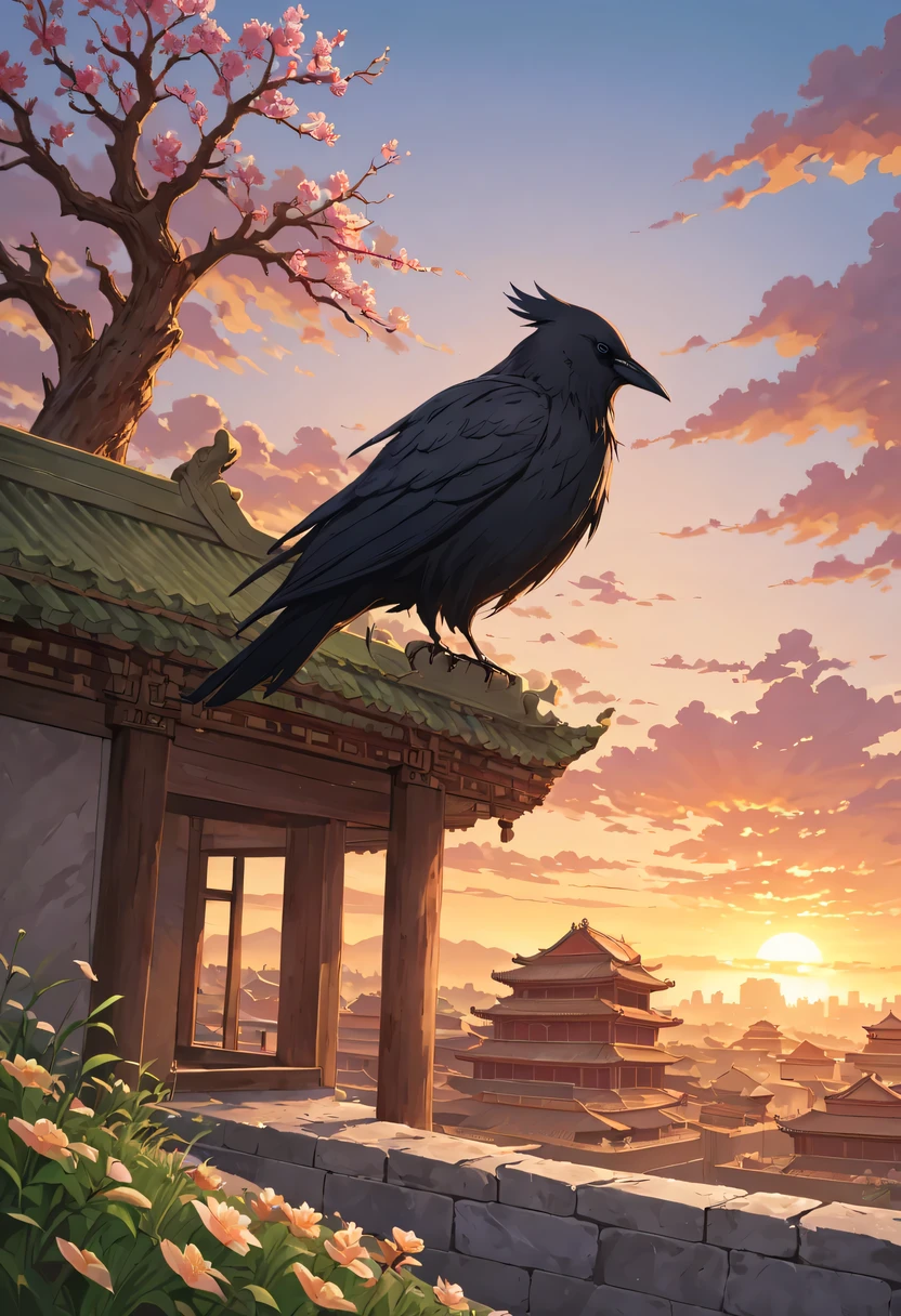 A woman with red makeup sits on the roof of the house,Gaze at the distant skyline,那Sunset余晖与古老的the forbidden city映造出一道美丽的风景,west wind blows girl'Long hair on the ancient road,the forbidden city,Sunset,Sunset,cloud,fallen flowers,ancient city,dead tree,Old crow,mottled,grassland,Silent and desolate,