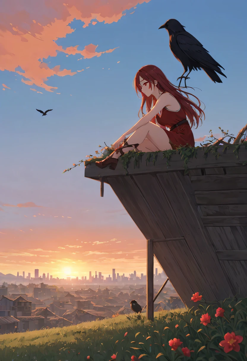 A woman with red makeup sits on the roof of the house,Gaze at the distant skyline,那Sunset余晖与古老的紫禁城映造出一道美丽的风景,west wind blows girl'Long hair on the ancient road,Sunset,Sunset,cloud,fallen flowers,ancient city,dead tree,Old crow,mottled,grassland,Silent and desolate,