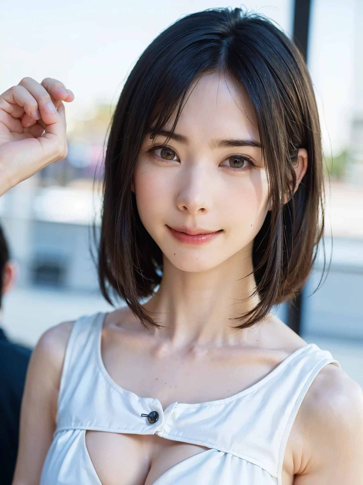 (table top, highest quality、ultra high resolution、very attractive beauty、Adds intense highlights to the eyes、look closely at the camera:1.4、Absolutely beautiful bangs:1.4、Brunette short bob hair with bangs:1.4),1 girl, alone, black haired, scarf, have,, realistic, looking at the viewer, pale black eyes, short hair, coat, Winter clothes, White headscarf, lips, lip gloss, Upper body、Big eyes、eyelash)、((italian roads、ハイパーrealisticスティック:1.4))、((short hair with bangs:1.4、Beautiful bangs with 46 points:2、{Huge|big|Hugeな|mega} chest:2, cleavage:2、Big eyes、Give your students very powerful highlights、very bigger chest、look at the audience、very beautiful beauty、show me your ears、long neck、smile a little、beautiful teeth、open your mouth and smile))、28 years old、very cute super model
