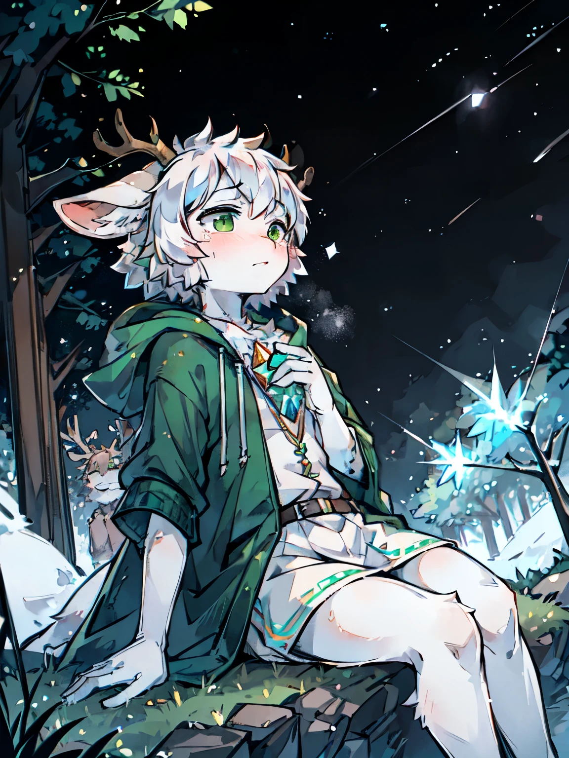 A white deer，Green eyes，Hooded jacket，antlers，sitting on a rock，hands out，starry sky，Brilliant Milky Way，Reach out and pick up the stars，Crystal pupils，Lovely Shota，sad，shed tears，向天空hands out