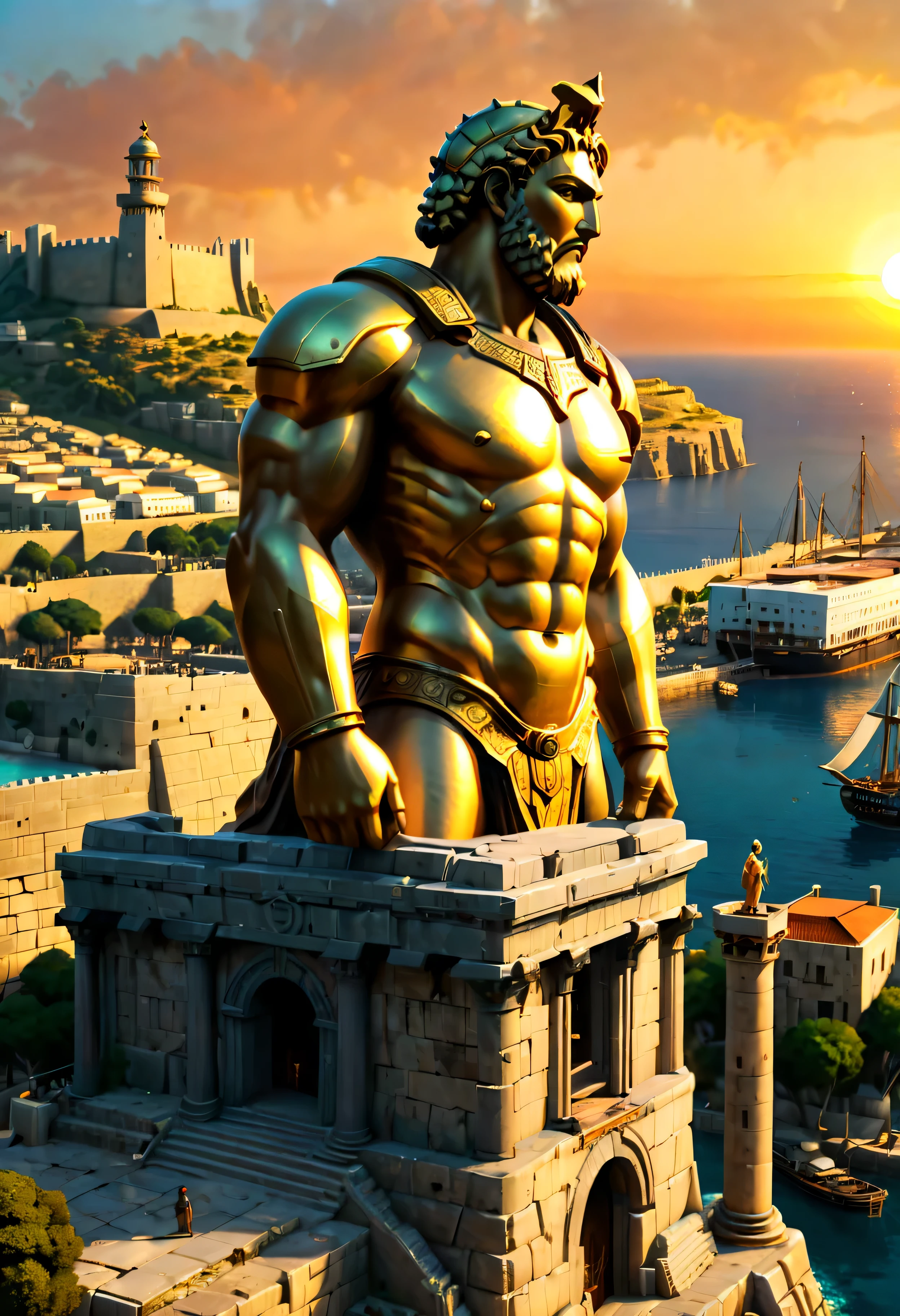 The corner castle terrace overlooks Ancient city of Rhodes with view of the Port, mesmerizing Colossus of Rhodes bathed by Sunset light,((golden hour time):1.2),((Ancient City with Port):1.2),((Colossus giant statue):1.1),delicate golden hour light, amazing wallpapers, beautiful surroundings, optimistic matte painting, Beautiful digital artwork, Ancient city background, Beautiful and detailed scenes, UHD underground, UHD landscape, Masjestic concept art, beautiful Ancient City. |(Masterpiece in maximum 16K resolution), the best quality, (very detailed CG unity 16k wallpaper quality),(Soft colors 16k highly detailed digital art),Super Detailed. | Perfect image,16k UE5,official painting, superfine, Depth of field, no contrast, clean sharp focus, professional, No blurring. | (((More detail))).