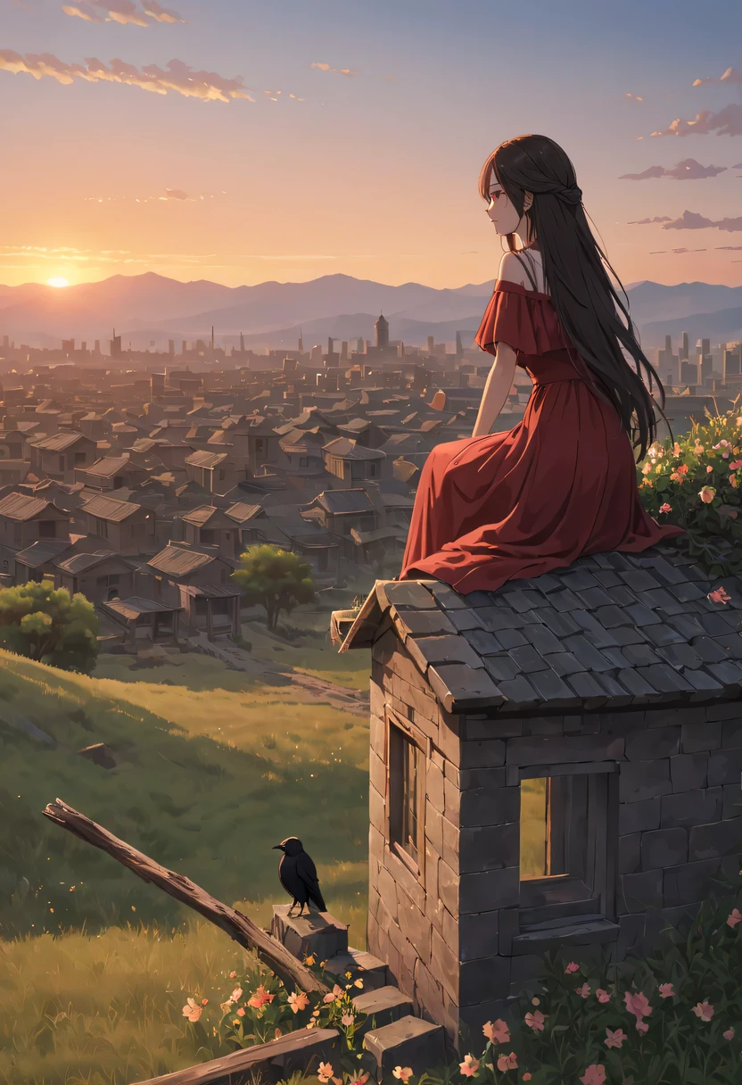 A woman with red makeup sits on the roof of the house,Gaze at the distant skyline,那Sunset余晖与古老的紫禁城映造出一道美丽的风景,west wind blows girl'Long hair on the ancient road,Sunset,Sunset,cloud,fallen flowers,ancient city,dead tree,Old crow,mottled,grassland,Silent and desolate,