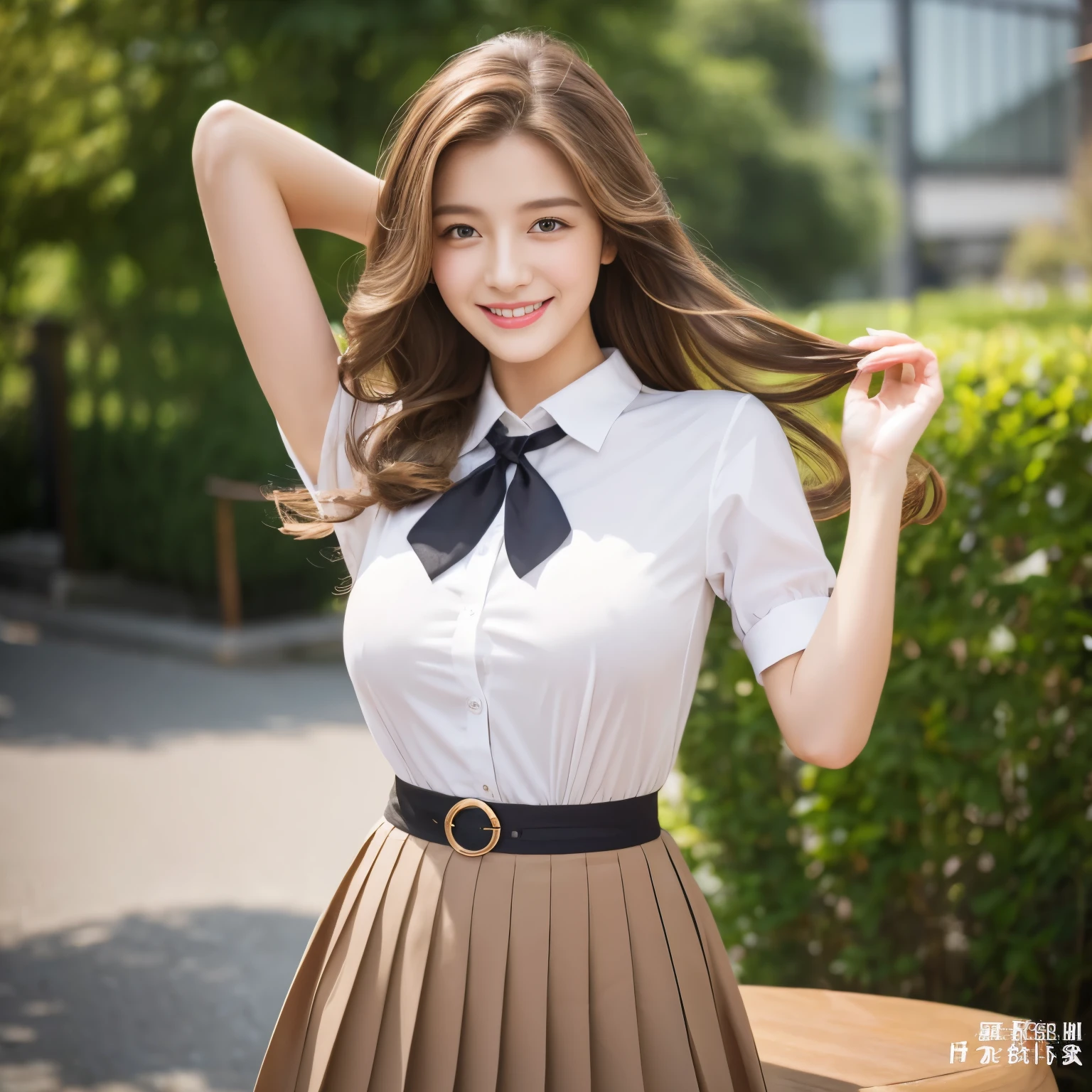 (highest quality、table top、8K、best image quality、hyper realism)、One of the cutest German girls、German Beauty Girl、German face、brown hair、Long Wave Hair、(big breasts)、emphasize body line、Emphasize the bust、the biggest smile when you look at me、Background outside the school、Very refreshing youth atmosphere、Shining beautiful skin、the most minute beautiful skin、long eyelashes、perfect makeup、lipstick、beautiful eyeshadow、shirt、ribbon on chest、pleated skirt、upper body photo、accurate anatomy