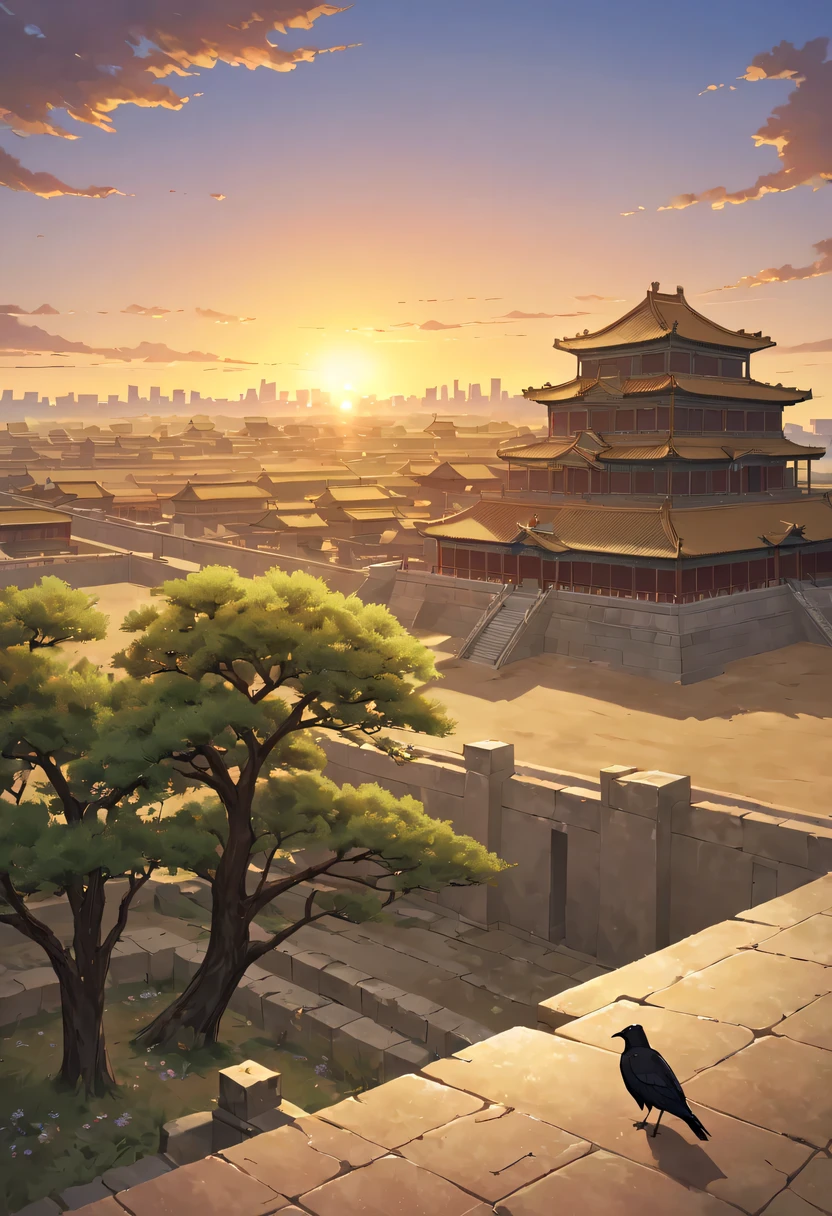 1 girl，模特拍照姿势栖息在ancient city房屋的顶端，Gaze at the distant skyline，那Sunset余晖与古老的the forbidden city映造出一道美丽的风景，west wind blows girl&#39;Long hair on the ancient road，the forbidden city，Sunset，Sunset，cloud，fallen flowers，ancient city，dead tree，Old crow，mottled，grassland，Silent and desolate，