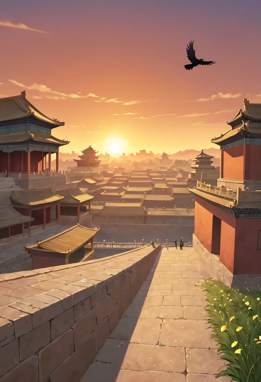 A woman with red makeup sits on the roof of the house，Gaze at the distant skyline，The sunset and the ancient capital create beautiful scenery together，Ancient road westerly wind，the forbidden city，Sunset yellow sand，Sunset，cloud，fallen flowers，ancient city，dead crow，Ancient road westerly wind，Looking into the distance，ancient city夕阳，well worn，The city wall is mottled，wild grass fire，Silent and desolate，the forbidden city