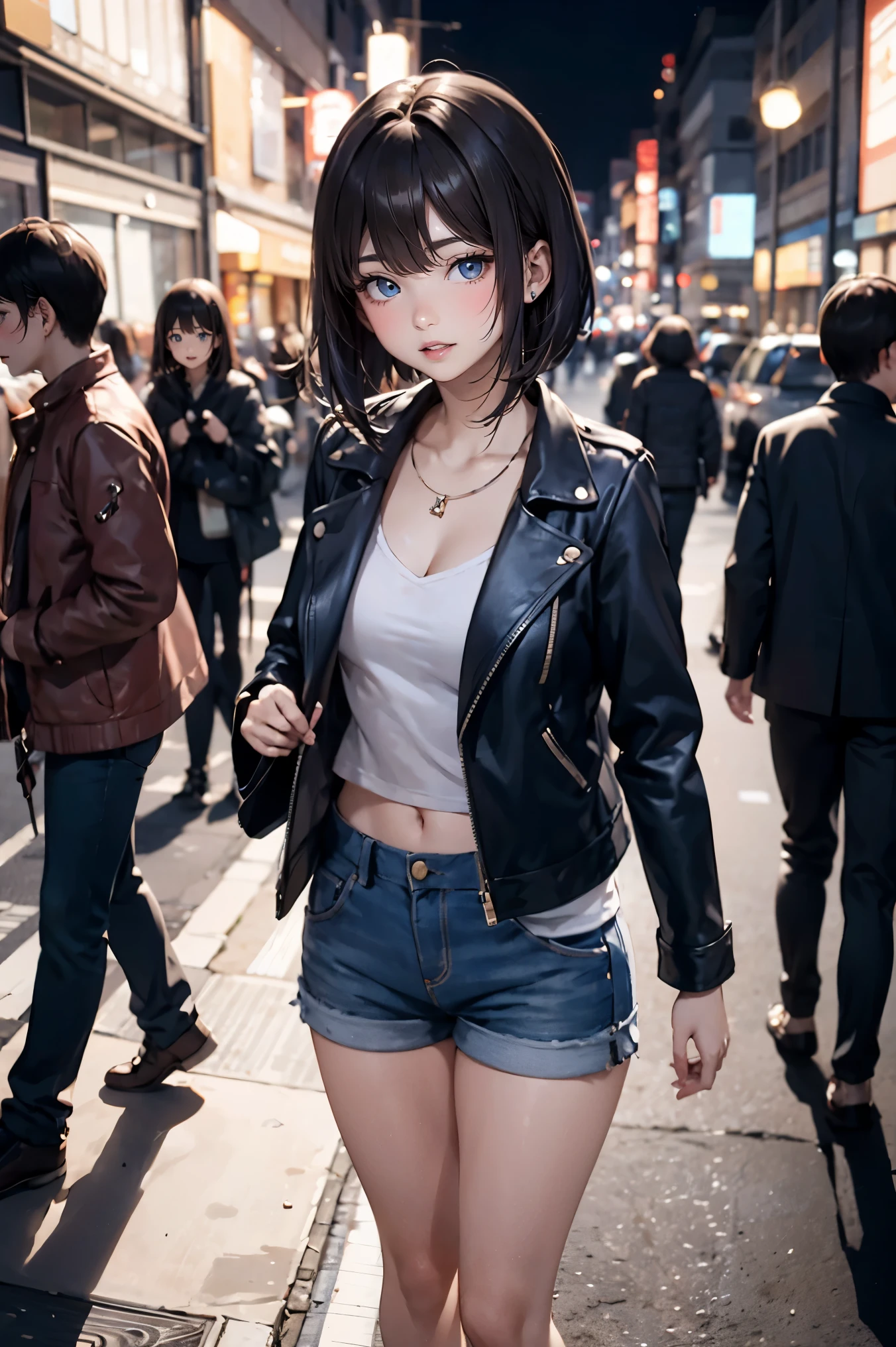 20 year old beauty、Japanese、perfect face, beautiful and symmetrical face:1.2、beautiful face:1.2、beautiful eyes:1.2、dark brown hair,bob cut hair,ideal ratio body proportions、skinny,slender body,medium breasts,punk fashion、leather jacket、micro shorts、bustling street、outdoor、night、neon、Tokyo、