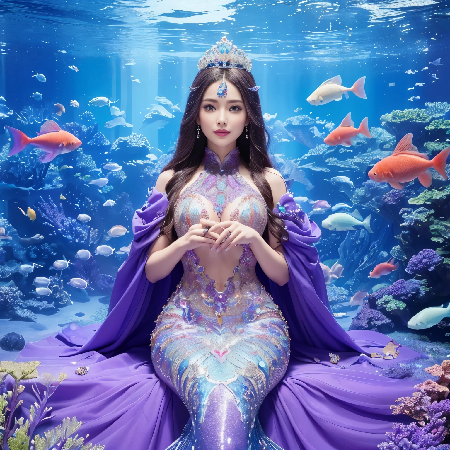 (highest quality、table top、8K、best image quality、hyper realism)、(The most extravagant and extravagant mermaid goddess:1.2)、(The most extravagant and gorgeous mermaid princess:1.2)、(The most realistic and perfect mermaid tail and scales:1.2)、(The most realistic and perfect mermaid tail:1.3)、(The most luxurious and finest transparent sleeve:1.1)、(upper body photo:1.1)、(The wall of the room is a huge high quality aquarium:1.2)、(A huge, highly detailed aquarium of the highest quality:1.3)、(Surrounded by a huge aquarium of the highest quality:1.2)、(The highest quality aquarium with the most fantastic dome-shaped ceiling:1.2)、(Detailed depiction of the most beautiful gigantic aquarium that shines fantastically:1.2)、(Surrounded by the most luxurious and fantastical huge purple and blue aquarium:1.2)、(Huge aquarium with the most detailed depiction of marine life:1.2)、(Sparkling purple and blue、Luxurious princess room with the most magical domed ceiling:1.2), (Glowing room made of the most magical purple and blue sparkling crystals:1.3)、(There are many beautiful corals and shells in the room.)、(the best smile when you look at me:1.2)、Wavy brown hair、Complex, Finely shining scales、(Finest Huge Jewelry Decoration:1.1)、The most gorgeous luxury princess costume、the most luxurious decoration、全身にComplex宝石が施されている、Please describe her face in detail、Giant tiara、Clear and detailed background、(Everything is a fantastic and glittering background:1.1)、(accurate anatomy:1.1)、(The most luxurious and huge finest jewelry decoration:1.1)、(The most fantastic and luxurious huge aquarium:1.3)