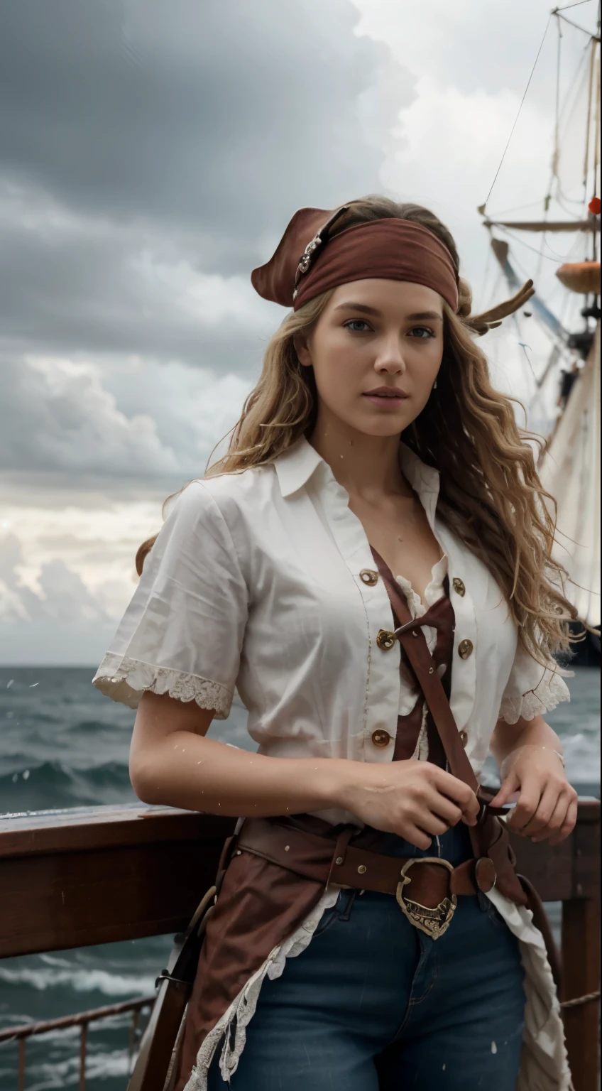 (masterpiece, best quality, award winning, highres), 1 beautiful female pirate, blonde hair, pirate hat, intricate pirate clothes, intricate and beautiful design, highly detailed beautiful face, wavy hair, detailed flowing hair, standing at helm on pirate ship, pirate ship, storm, rain, rough sea, detailed background, water splash, extremely CG detail, ultra detail