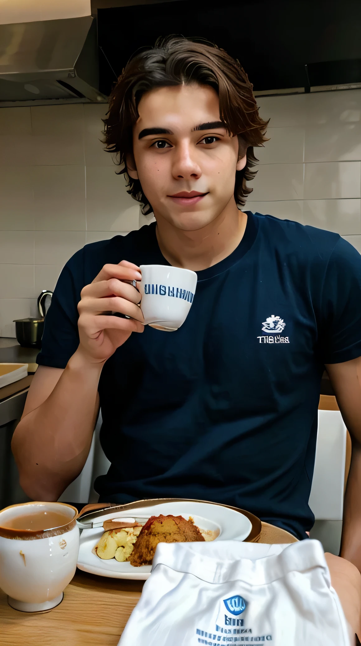 a 20-year-old boy with fair white skin and a masculine body is sitting in an Indian cafe. he is relaxing and an ordered tea is kept on the table. he is wearing a white T-shirt and blue denim jeans. highly detailed, with perfect facial features, iPhone14 pro, bright day, beautiful lighting, RAW photo, 8k, and film grain