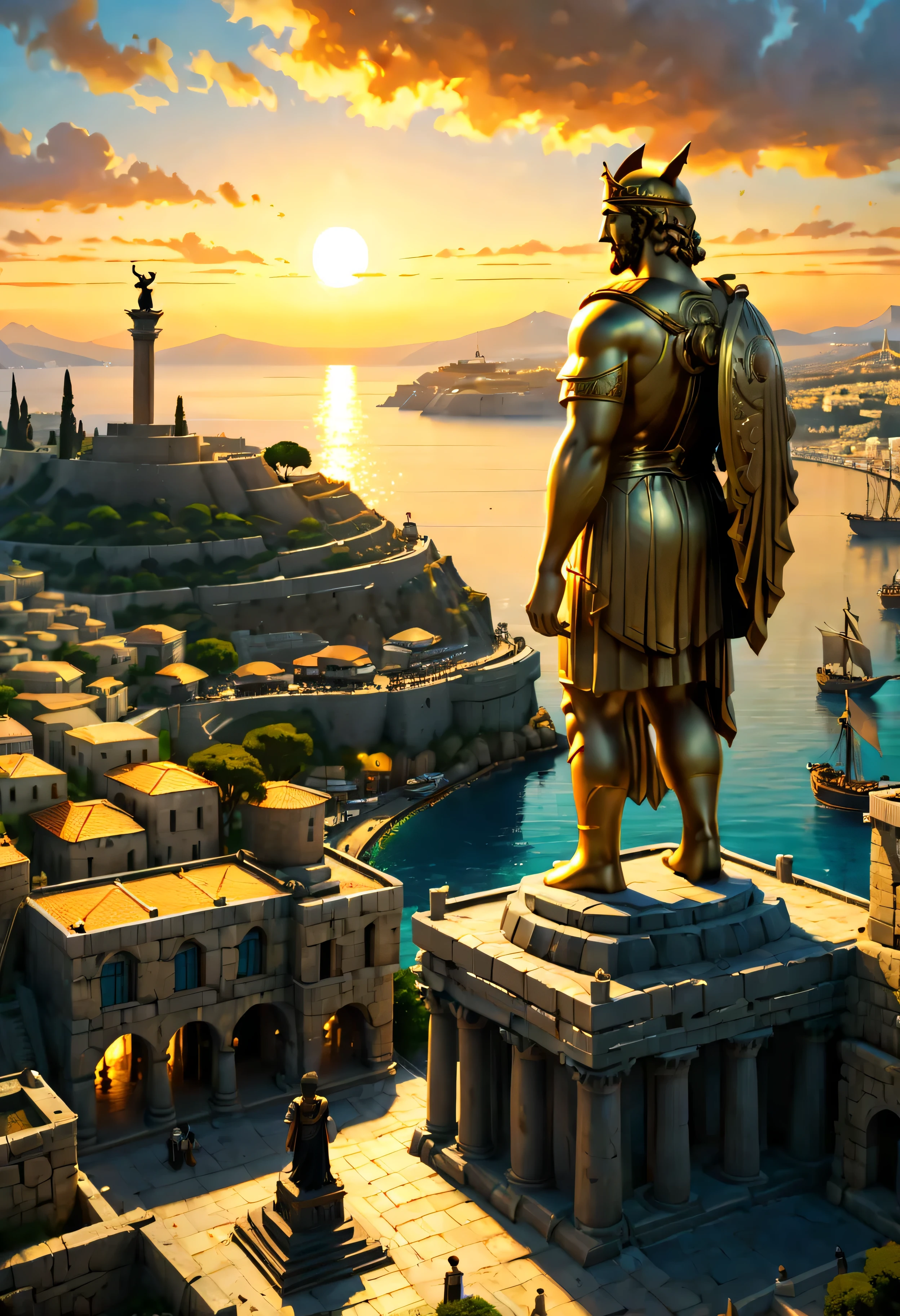 The corner castle terrace overlooks Ancient city of Rhodes with view of the Port, mesmerizing Colossus of Rhodes bathed by Sunset light,((golden hour time):1.2),((Ancient City with Port):1.2),((Colossus giant statue):1.1),delicate golden hour light, amazing wallpapers, beautiful surroundings, optimistic matte painting, Beautiful digital artwork, Ancient city background, Beautiful and detailed scenes, UHD underground, UHD landscape, Masjestic concept art, beautiful Ancient City. |(Masterpiece in maximum 16K resolution), the best quality, (very detailed CG unity 16k wallpaper quality),(Soft colors 16k highly detailed digital art),Super Detailed. | Perfect image,16k UE5,official painting, superfine, Depth of field, no contrast, clean sharp focus, professional, No blurring. | (((More detail))).