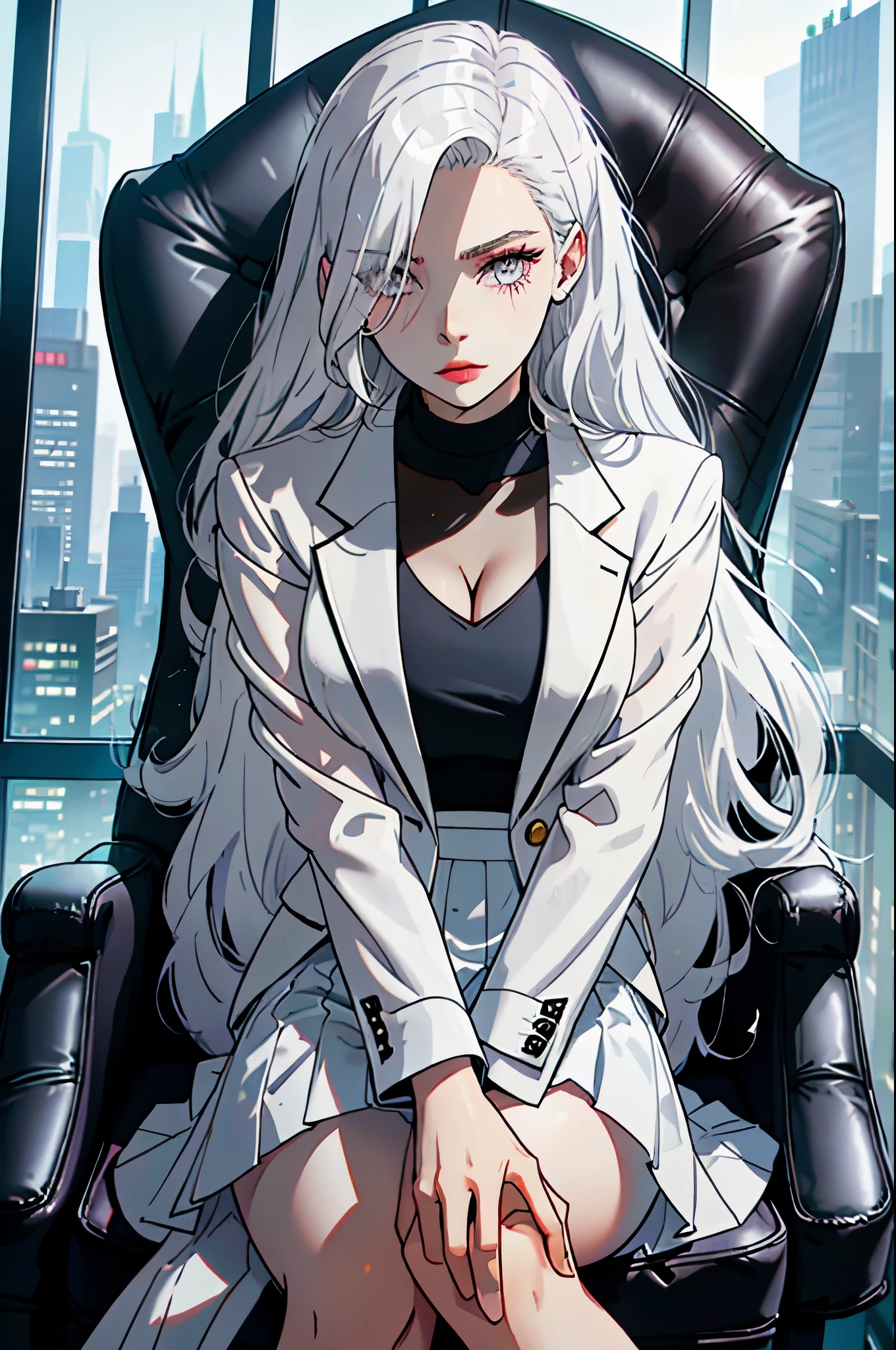 woman wearing business clothes, formal blazer, White shirt, High heel, Black high waist business skirt, Black transparent pantyhose, beautiful, masterpiece, best quality, extremely detailed face, perfect lighting, beautiful hands, perfect hands, (white hair:1.2), long hair, (gray eyes:1.2), slender figure, long legs, thin, medium breasts, businesswoman, CEO, Sit in a luxurious black leather office chair, Huge modern windows,The night city skyline is in the background