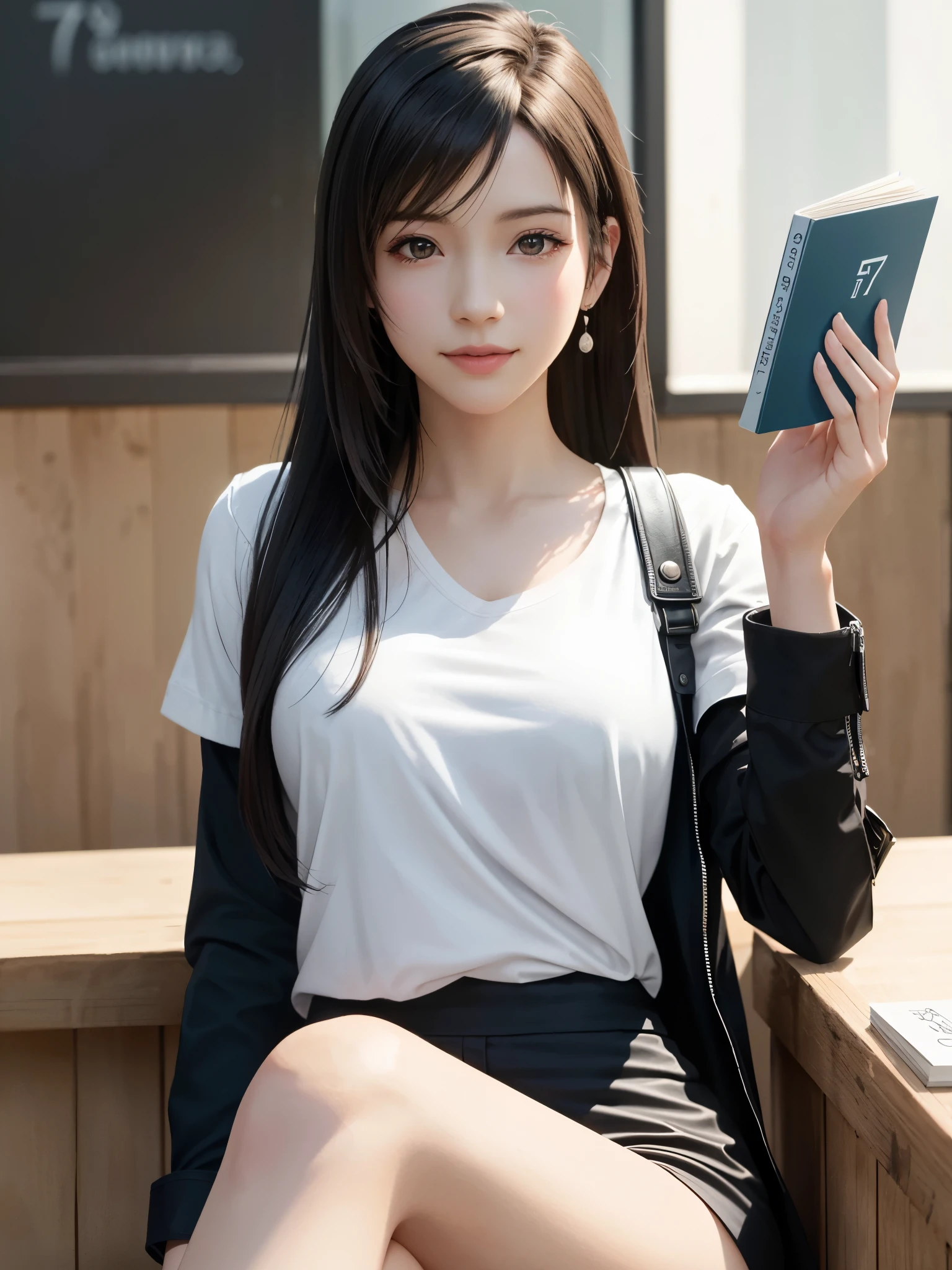 (top quality, masutepiece: 1.1), (Realistic: 1.3), BREAK (((FF7,Tifa_lockhart))),(solo,Tifa:1.2),(boyfriend's clothes:1.3,oversized long white shirt:1.3,long sleeve:1.2,shirt dress:1.3) ,(japan,shibuya,cafe, indoor),(cool pose:1.1),Ultra-detailed face, Detailed eyes,Red eyes, BREAK (((FF7,Tifa_lockhart))),(black brown hair, Large breasts: 1.0), BREAK (no bra),(no panties),About 18 years old,kawaii,shy:1.1,meeting up for a date,waiting,sitting,reading a book,looking me:1.2,happy, smiling, waving
