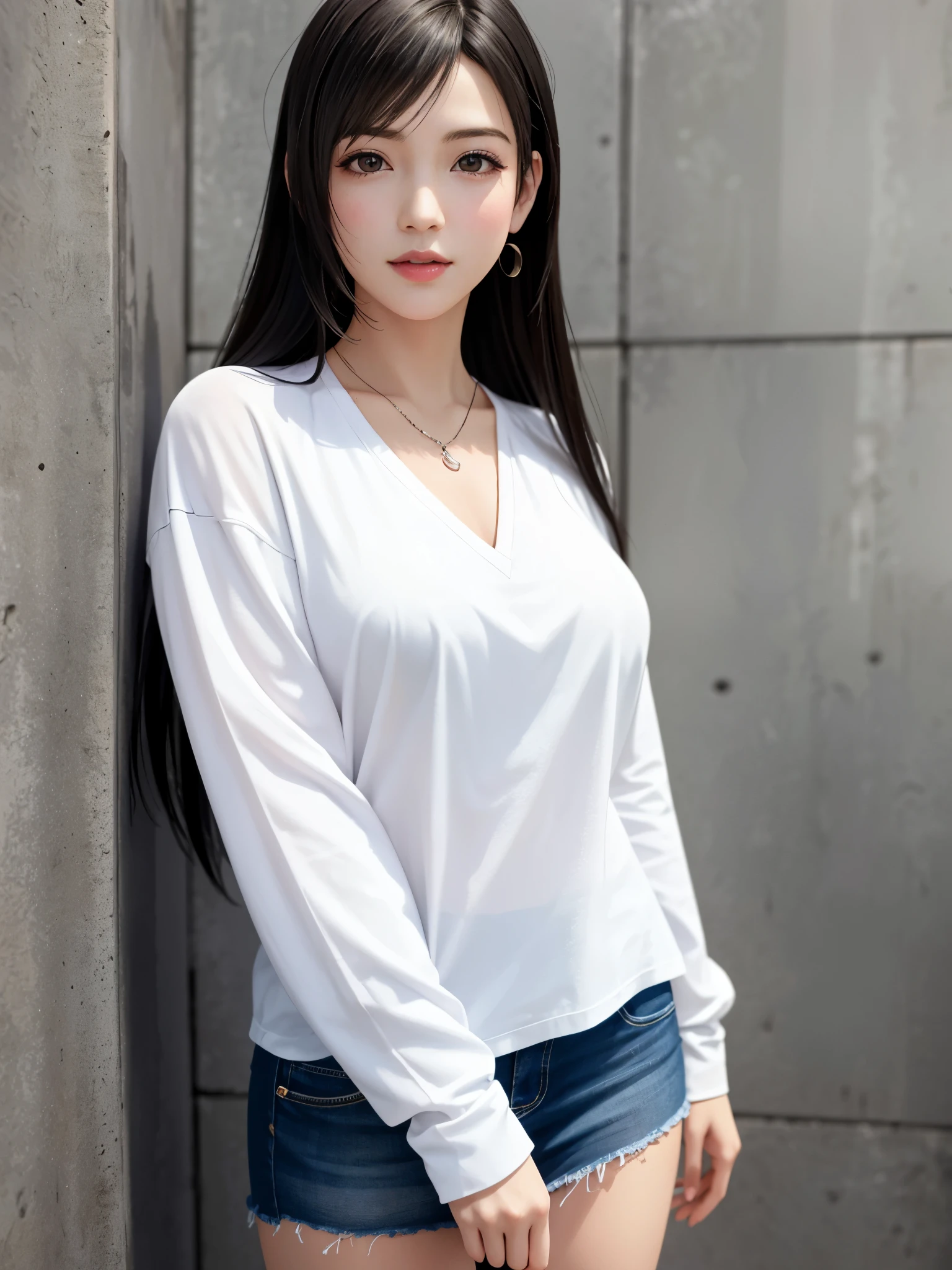 (top quality, masutepiece: 1.1), (Realistic: 1.3), BREAK (((FF7,Tifa_lockhart))),(solo,Tifa:1.2),(boyfriend's clothes:1.3,oversized large white shirt:1.3,long sleeve:1.2,shirt dress:1.3) ,(japan,sibuya,city, outdoor,behind wall,neon),(cool pose:1.1),Ultra-detailed face, Detailed eyes,Red eyes, BREAK (((FF7,Tifa_lockhart))),(black brown hair, Large breasts: 1.0), BREAK (no bra),(no panties),About 18 years old,kawaii,shy:1.1,meeting up for a date,waiting,cowboy shot