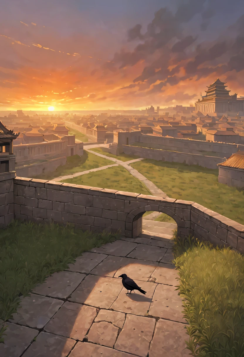 dead crow，Ancient road westerly wind，Looking into the distance，sunset in ancient capital，well worn，The city wall is mottled，wild grass fire，Silent and desolate，the forbidden city