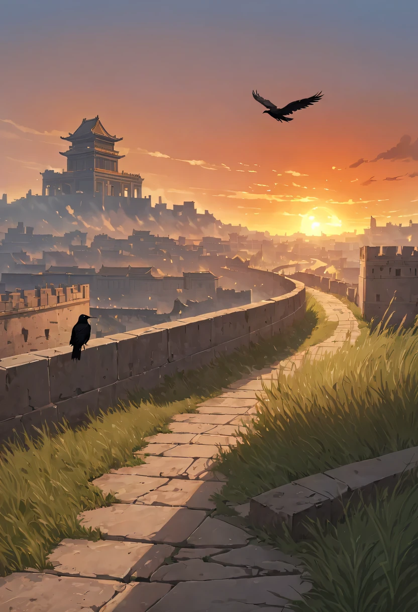 dead crow,Ancient road westerly wind,Looking into the distance,sunset in ancient capital,well worn,The city wall is mottled,wild grass fire,Silent and desolate,the forbidden city