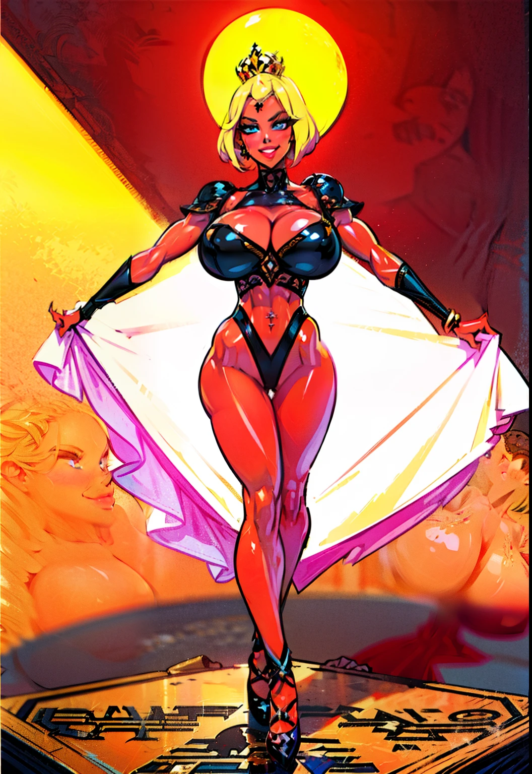 blush, smile, glowing aura, natural light, masterpiece, glossy skin, juicy lips , sexy, hot, cleavage, evil,juicy lips, bimbo, ((4 arms)), multiple arms, ((navel exposed)), ((navel piercing)), hour glass figure, light blonde hair, really short hair, (slendered abs:1.4), wide eyes, blue eyes, (gigantic breasts:1.3), golden crown, dark lighting, (black heels), off the shoulder leotard, black leotard, ((intricate leotard:1.2)), ((red skin :1.3)), (colored skin),multiple arms, perfect hands, black gauntlets