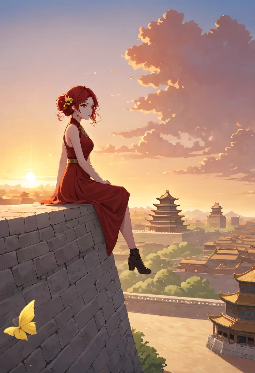 A woman with red makeup sits on the roof of the house,Gaze at the distant skyline,The sunset and the ancient capital create beautiful scenery together,Ancient road westerly wind,the forbidden city,Sunset yellow sand,Sunset,cloud,fallen flowers,ancient city