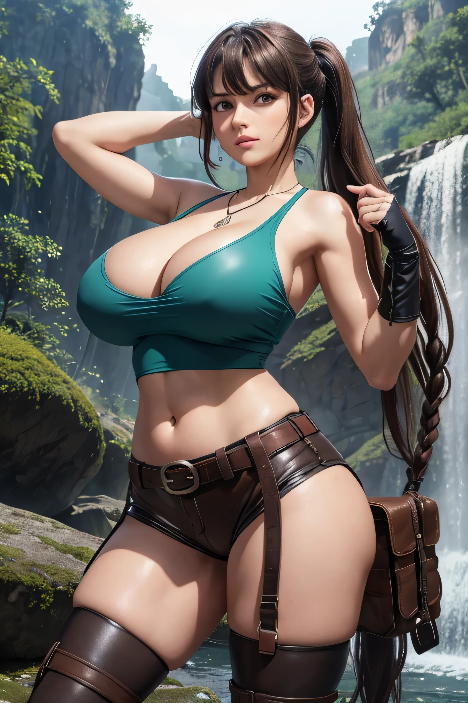 masterpiece, best quality, expressive eyes, perfect face, large breast, big breast, small waist, perfect figure, highly detailed, showing cleavage, full body portrait, showing her breasts, large nipple, large areola, ((((gigantic breasts, cleavage, skindentation)))), slim waist, slim hips, long legs, medieval (castle exterior:1.1) background, dark mysterious lighting, shadows, magical atmosphere, dutch angle, large nipples, Brown hair, one braid, bangs, hair parted in the middle, single pony tail, brown shorts, black belt with silver square belt buckle, gun holsters, guns in holster, brown hiking boots, teal color spandex shirt, mid section exposed, belly button exposed, wearing black cycling gloves, she is in a jungle by a waterfall, teal color top, wearing a leather thin necklace, small green pendant, topless, breasts exposed, camel toe