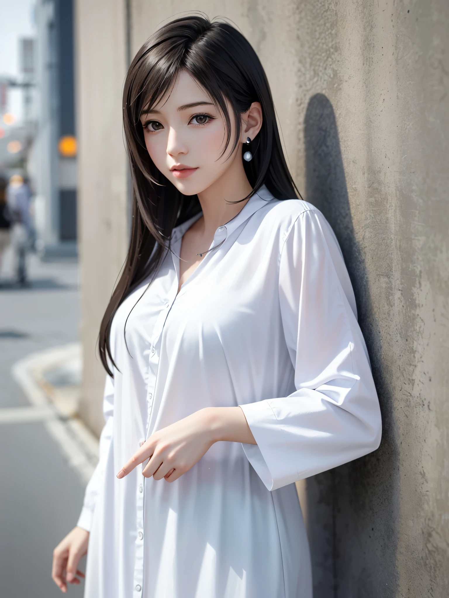 (top quality, masutepiece: 1.1), (Realistic: 1.3), BREAK (((FF7,Tifa_lockhart))),(solo,Tifa:1.2),(boyfriend's clothes:1.3,oversized large white shirt:1.3,long sleeve:1.2,shirt dress:1.3) ,(japan,sibuya,city, outdoor,behind wall,neon),(cool pose:1.1),Ultra-detailed face, Detailed eyes,Red eyes, BREAK (((FF7,Tifa_lockhart))),(black brown hair, Large breasts: 1.0), BREAK (no bra),(no panties),About 18 years old,kawaii,shy:1.1,meeting up for a date,waiting,cowboy shot