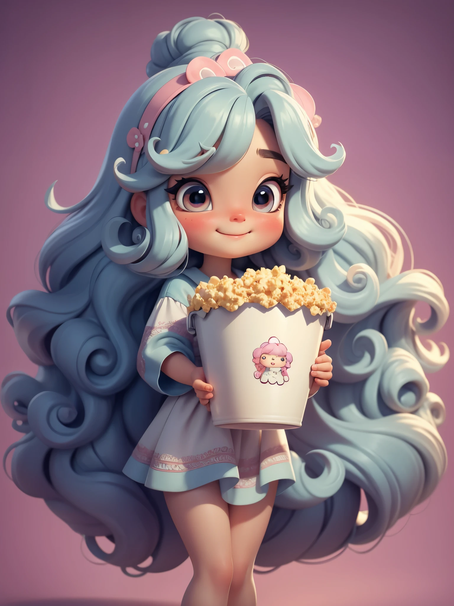  (masterpiece: 1.2)， (best quality)，Cute chibi style doll，Holding a big bucket of popcorn，(happy)，Happy，happy，Solid background pattern，Long curly hair in soft colors。Long curly hair in soft colors，(intricate details) ，(8k)， (exquisite eyes) (sharp focus), 