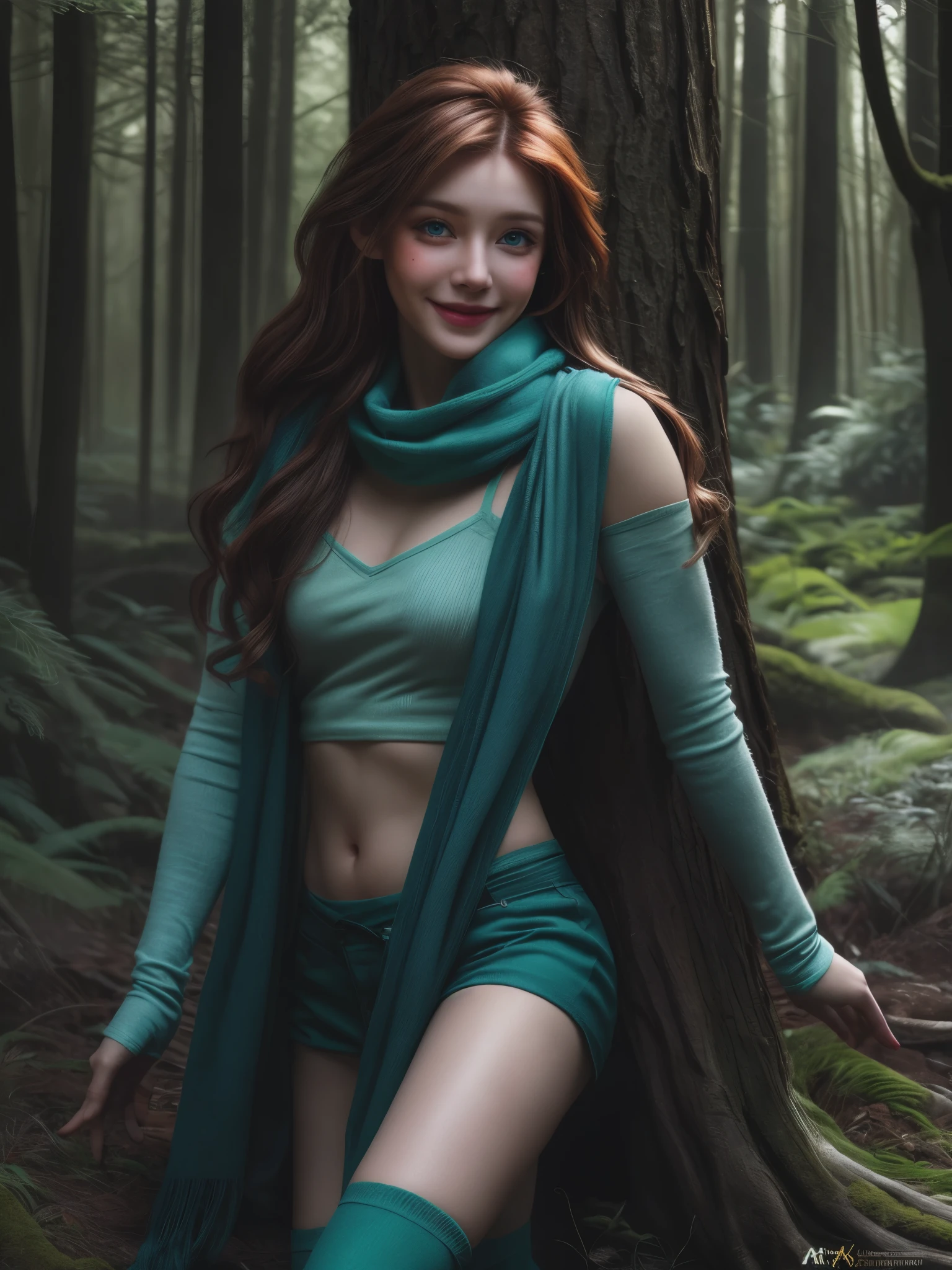 (Realistic:1.2), photorealistic atractive beautiful woman with messy ginger hair, blue eyes, little freckles, wearing a long green scarf and green leg warmers, Princess Merida, Brave, cute sexy, feminine pose, in the fantasy forest, cinematic lighting, ethereal light, intricate details, extremely detailed, full colored, complex details, insanely detailed and intricate, fairytale atmosphere, hypermaximalist, rich colors, cinematic, smiling, vivid colors, detailed beautiful eyes and perfect face, rim light, 16k, best quality