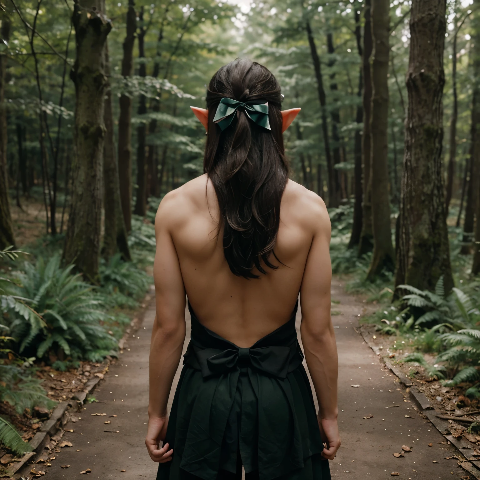 Elf/ pointy ears/ male/ black/ bow on the back/ in the forest