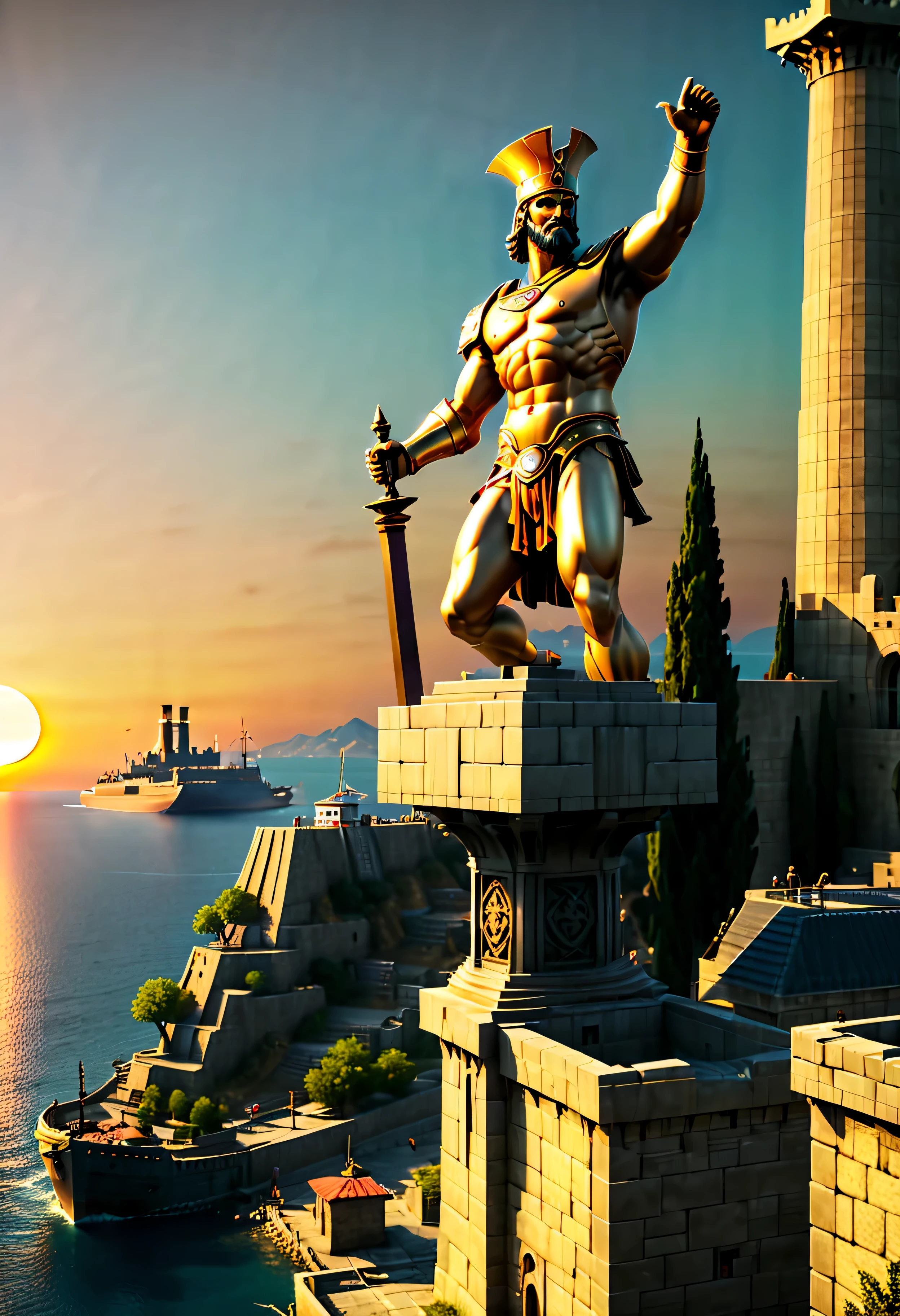 The corner castle terrace overlooks Ancient city of Rhodes with view of the Port, mesmerizing Colossus of Rhodes bathed by Sunset light,((golden hour time):1.2),((Ancient City with Port):1.2),((Colossus giant statue):1.1),delicate golden hour light, amazing wallpapers, beautiful surroundings, optimistic matte painting, Beautiful digital artwork, Ancient city background, Beautiful and detailed scenes, UHD underground, UHD landscape, Masjestic concept art, beautiful Ancient City. |(Masterpiece in maximum 16K resolution), the best quality, (very detailed CG unity 16k wallpaper quality),(Soft colors 16k highly detailed digital art),Super Detailed. | Perfect image,16k UE5,official painting, superfine, Depth of field, no contrast, clean sharp focus, professional, No blurring. | (((More detail))).