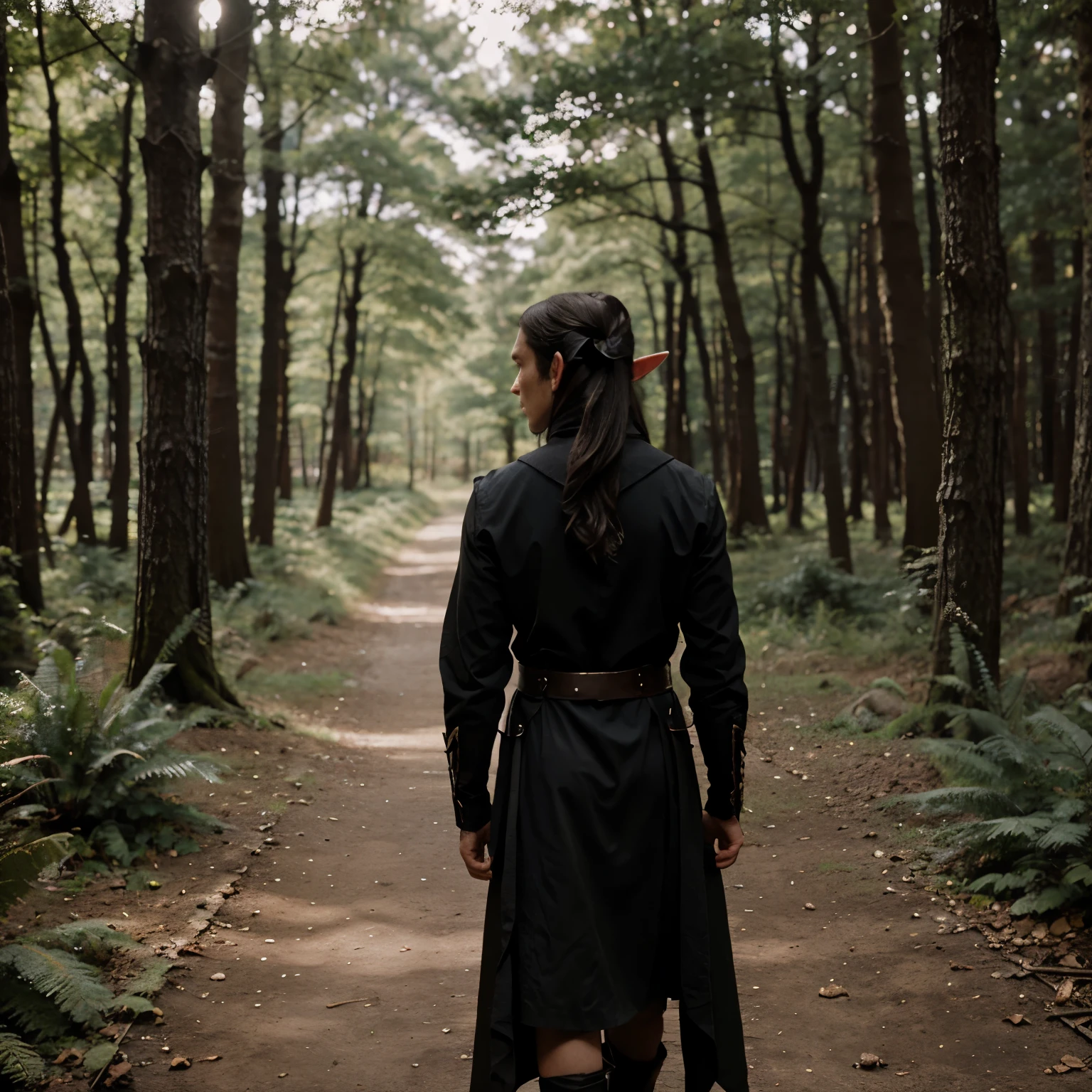 Elf/ pointy ears/ male/ black/ bow on the back/ in the forest