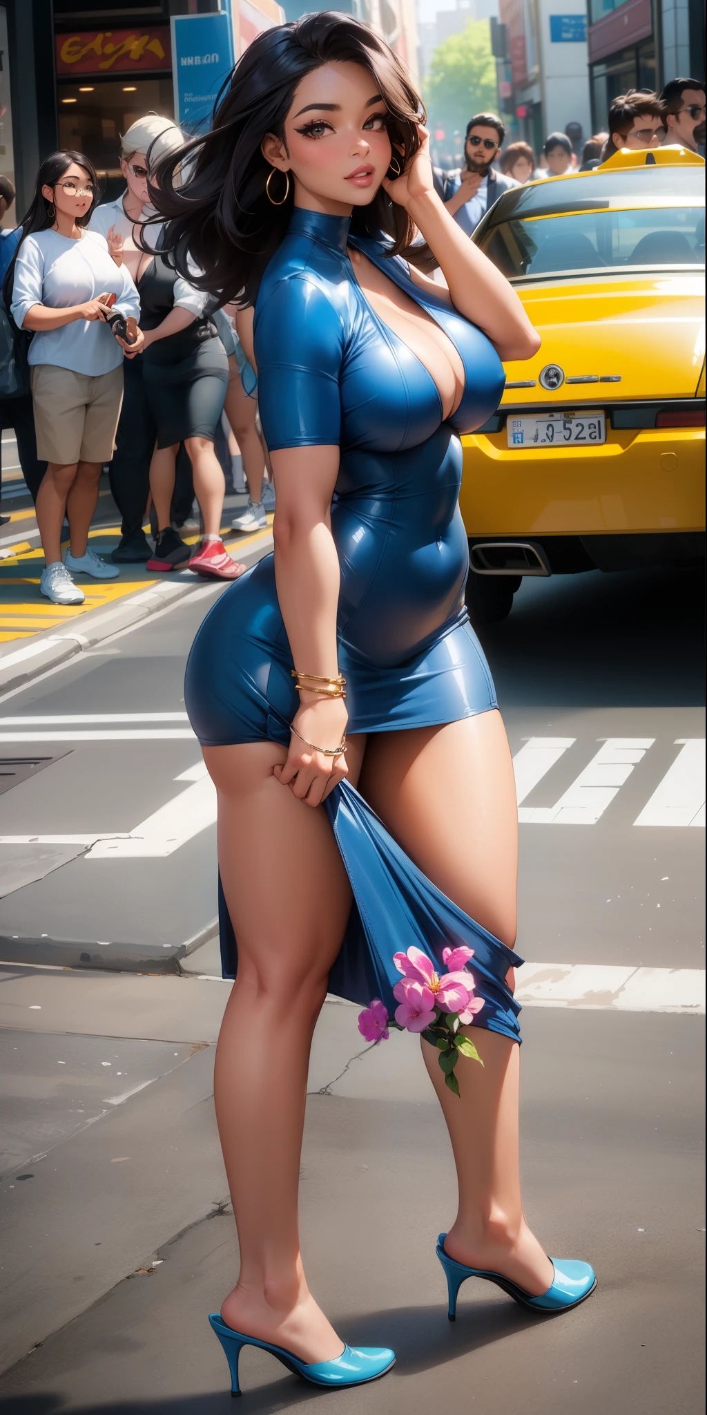 (high quality:1.2, realistic, vivid colors), 1woman, dark skin, beautiful face, stunning features, long flowing hair, glamorous, alluring eyes, full luscious lips, flawless complexion, confident posture, elegant stride, wearing a form-fitting short dress that accentuates her curves, high heels that enhance her stature, carrying flowers in her hand, walking gracefully on bustling city streets, surrounded by a colorful urban backdrop, sunlight casting a warm glow on her, shadows playing with the contours of her body, capturing the mesmerizing rhythm of her movements, showcasing her perfect body, showcasing her big breasts and big ass, exuding an air of allure and self-assuredness, a captivating and empowering presence in the urban landscape.