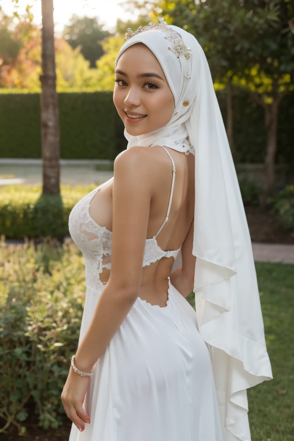 Beautiful, cute baby Face, ************ indonesian Girl, ((wearing hijab)), wearing sexy wedding dress, cleavage cutout, medium breast, White Skin, Smiling, flower garden Background, day light, full body, Perfect Potrait, Bokeh Effect, Look at Viewer, Bracelet, Ring, ((adorable:1.2)), ((masterpiece:1.1)), ((bokeh:1.2)), buttocks, armpit, sexy seducing pose