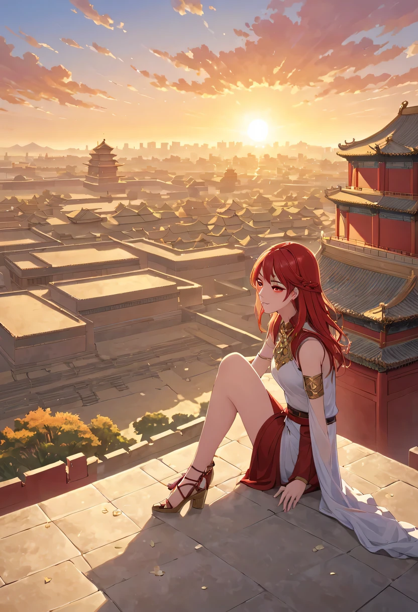 A woman with red makeup sits on the roof of the house,Gaze at the distant skyline,The sunset and the ancient capital create beautiful scenery together,the forbidden city,Sunset yellow sand,Sunset,cloud,fallen flowers,ancient city,