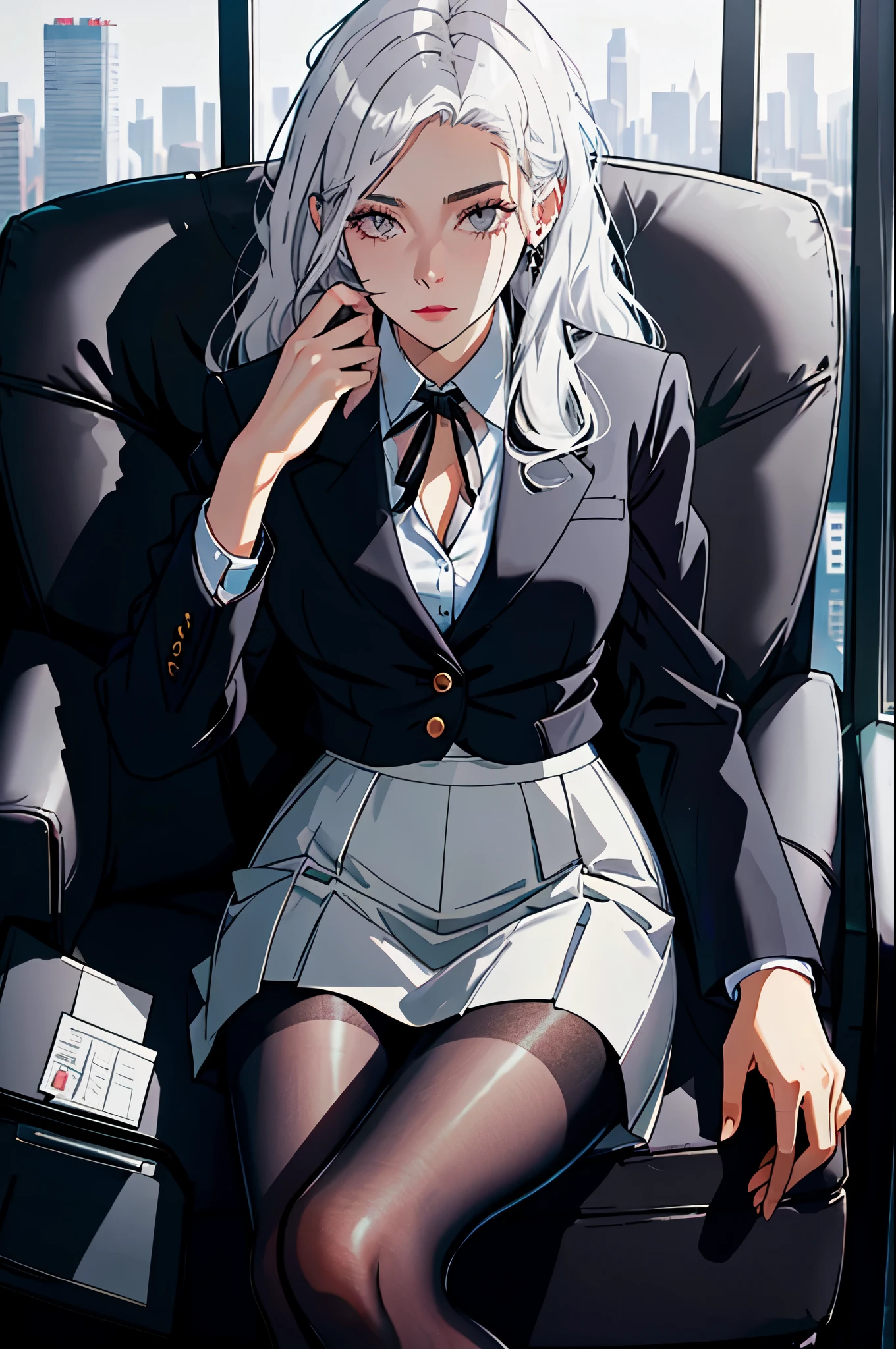 woman wearing business clothes, formal blazer, White shirt, High heel, Black high waist business skirt, Black transparent pantyhose, beautiful, masterpiece, best quality, extremely detailed face, perfect lighting, beautiful hands, perfect hands, (white hair:1.2), long hair, (gray eyes:1.2), slender figure, long legs, thin, medium breasts, businesswoman, CEO, Sit in a luxurious black leather office chair, Huge modern windows，The night city skyline is in the background