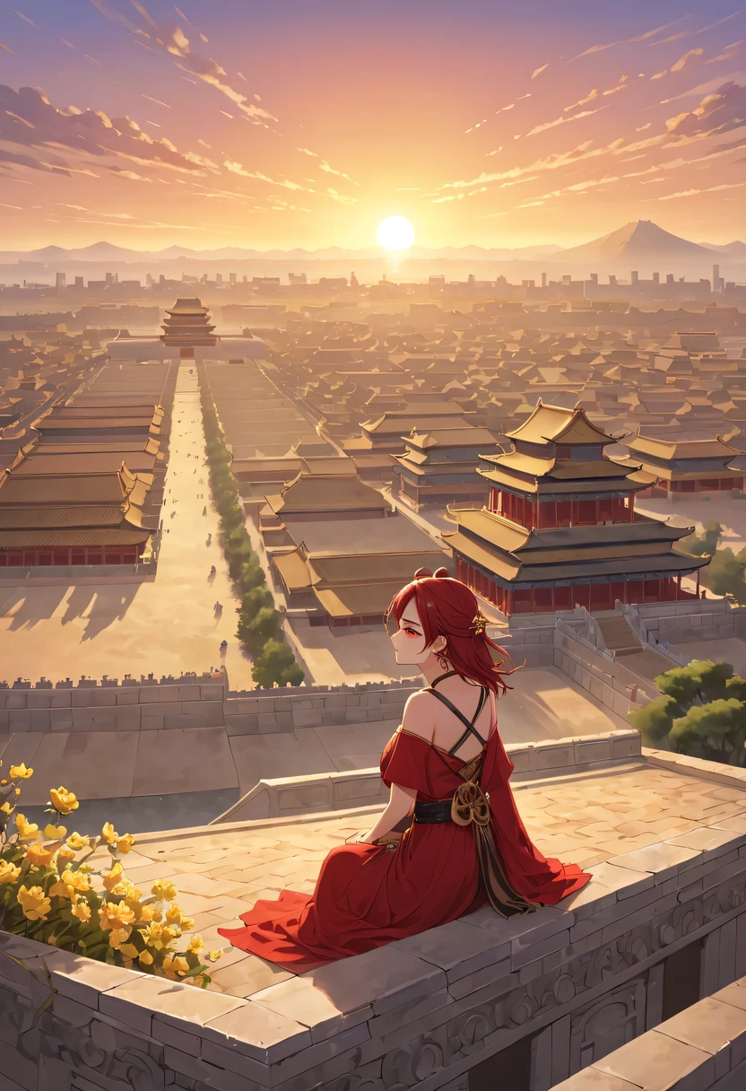 A woman with red makeup sits on the roof of the house,Gaze at the distant skyline,The sunset and the ancient capital create beautiful scenery together,the forbidden city,Sunset yellow sand,Sunset,cloud,fallen flowers,ancient city,