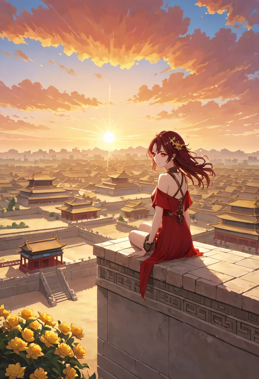 A woman with red makeup sits on the roof of the house,Gaze at the distant skyline,The sunset and the ancient capital create beautiful scenery together,the forbidden city,Sunset yellow sand,Sunset,cloud,fallen flowers,ancient city,