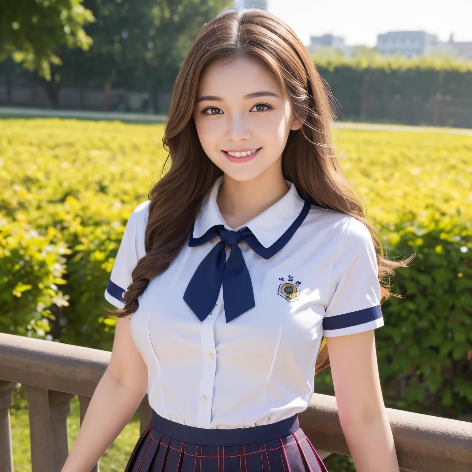 (highest quality、table top、8K、best image quality、hyper realism)、One of the cutest German schoolgirls、German Beauty Girl、German face、brown hair、Long Wave Hair、(big breasts)、emphasize body line、Emphasize the bust、the biggest smile when you look at me、Background outside the school、Very refreshing youth atmosphere、Shining beautiful skin、the most minute beautiful skin、long eyelashes、perfect makeup、lipstick、beautiful eyeshadow、High School Shirts、Uniform ribbon on chest、pleated skirt、upper body photo、accurate anatomy