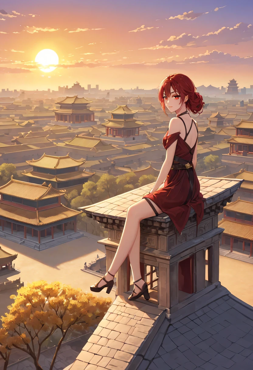 A woman with red makeup sits on the roof of the house，Gaze at the distant skyline，The sunset and the ancient capital create beautiful scenery together，the forbidden city，Sunset yellow sand，Sunset，cloud，fallen flowers，ancient city，
