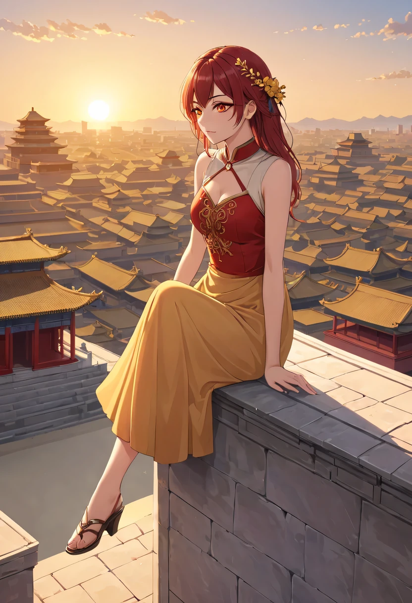 A woman with red makeup sits on the roof of the house,Gaze at the distant skyline,The sunset and the ancient capital create beautiful scenery together,the forbidden city,Sunset yellow sand,Sunset,cloud,fallen flowers,ancient city,