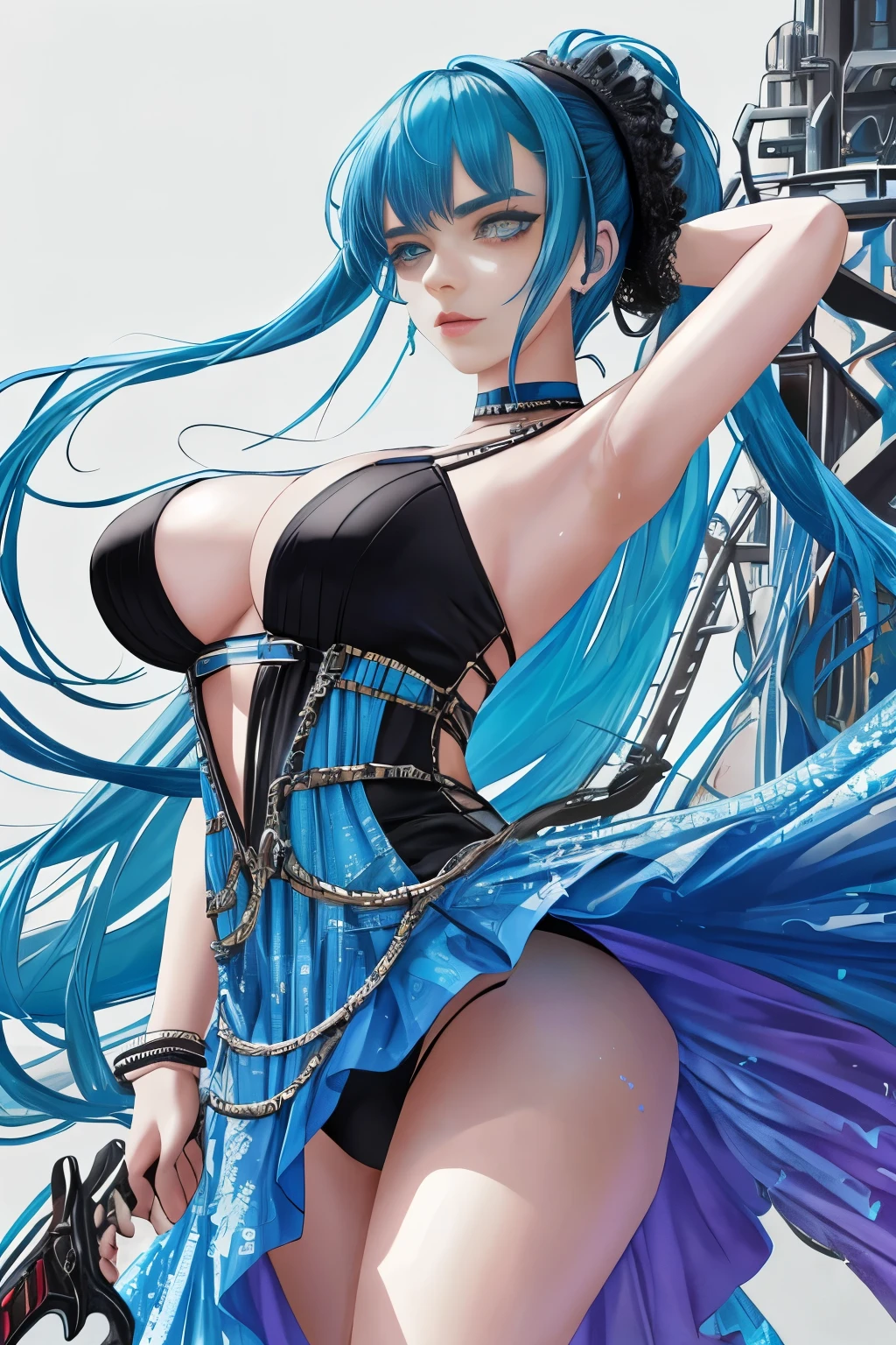 Beautiful Billie Eilish-inspired girl in a summer dress adorns the scene with a cyberpunk twist, boasting a hyper-realistic skin texture that shines with a subtle sheen, suggestive of perspiration. Her hair cascades down her back in a fluid, lifelike expression, each strand meticulously rendered. Her large, expressive eyes, brimming with depth and color, hold a captivating allure.
The vibrant summer dress clings to her form, its fabric rippling and bouncing realistically as she moves. Each mechanized element that adorns her body – from elongated limbs to the intricate sword she